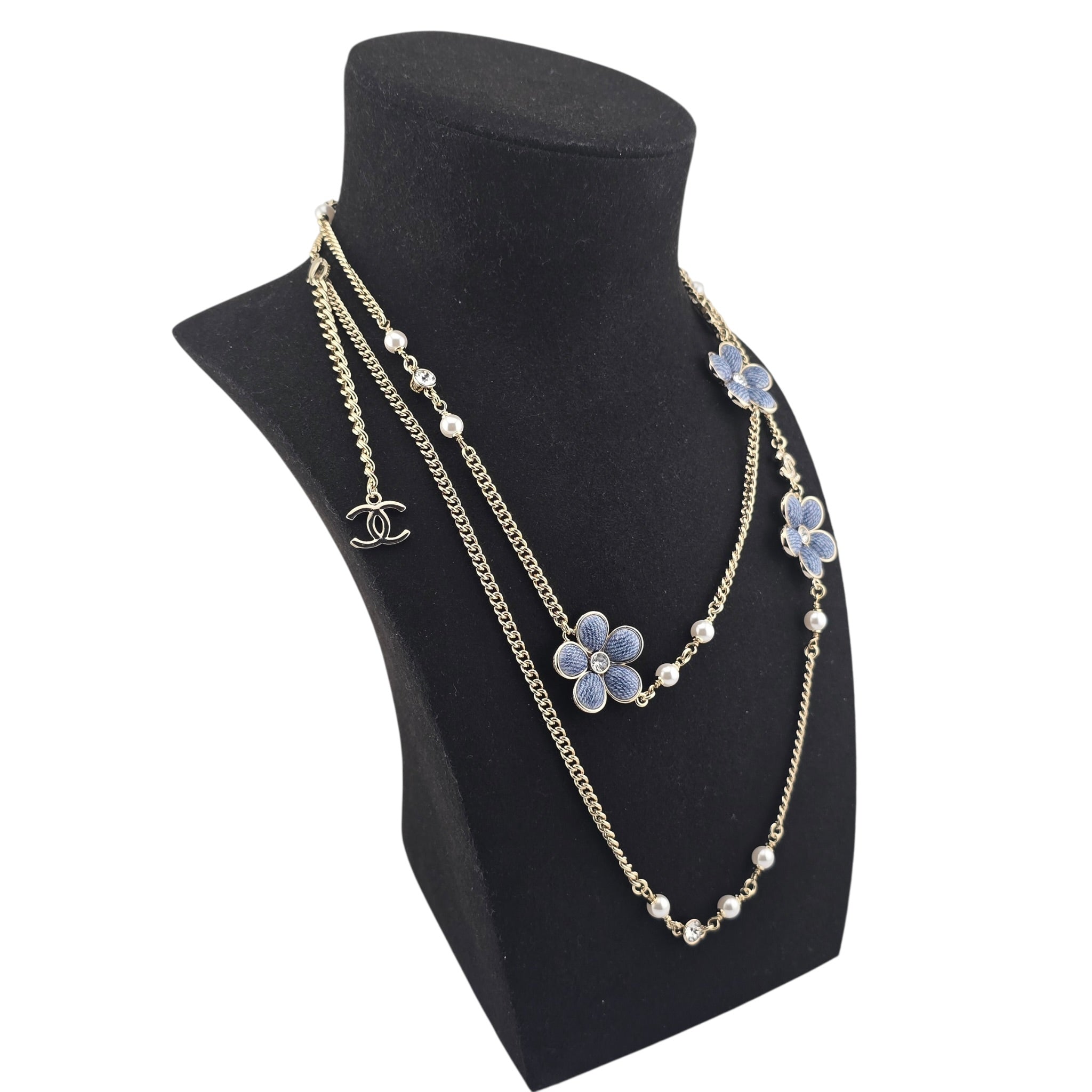Chanel CC Blue Gold Flower Resin Denim Long Necklace 2026 CHANEL