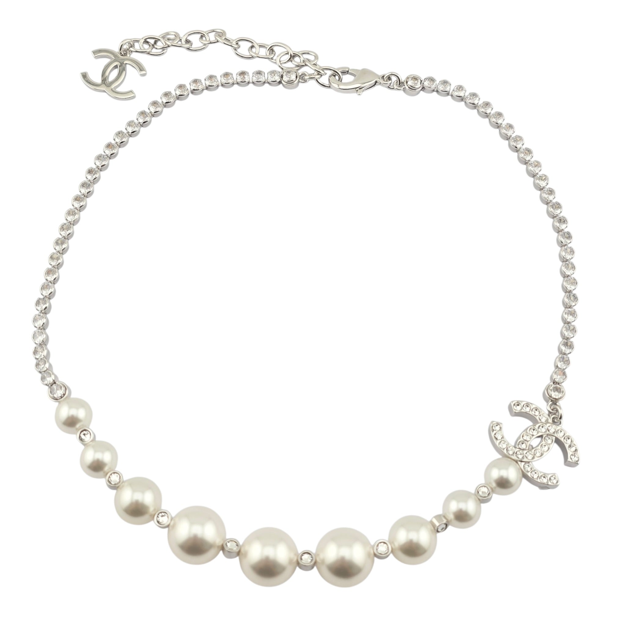 Chanel CC Faux Pearl Silver Crystal Necklace 2025 CHANEL