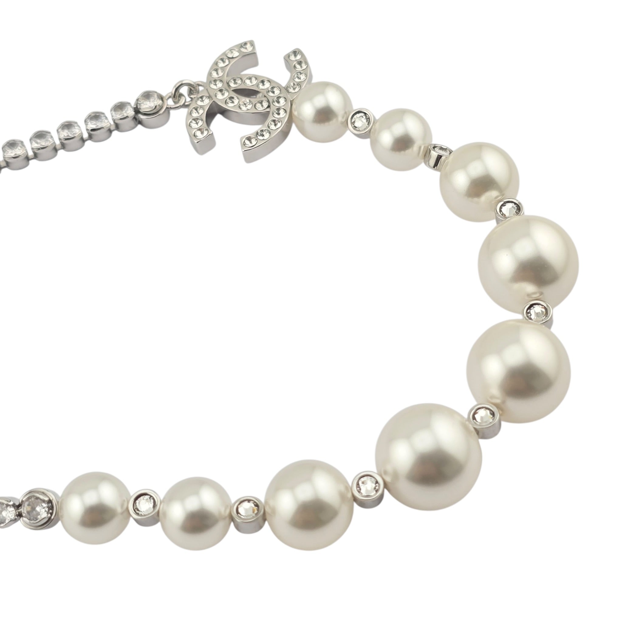 Chanel CC Faux Pearl Silver Crystal Necklace 2025 CHANEL