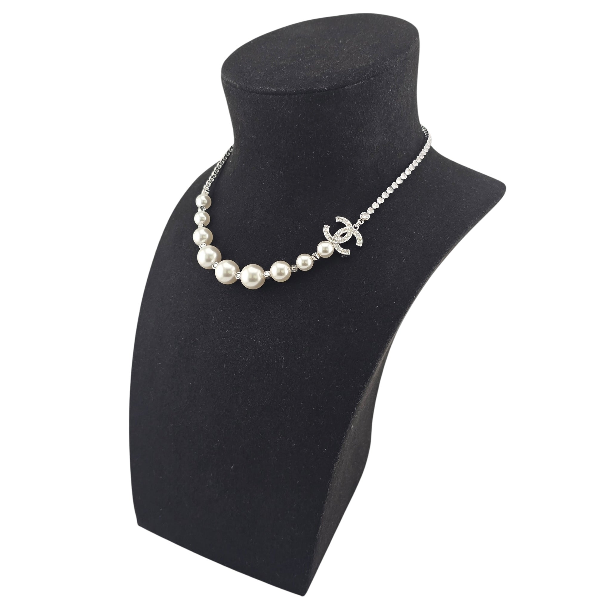 Chanel CC Faux Pearl Silver Crystal Necklace 2025 CHANEL