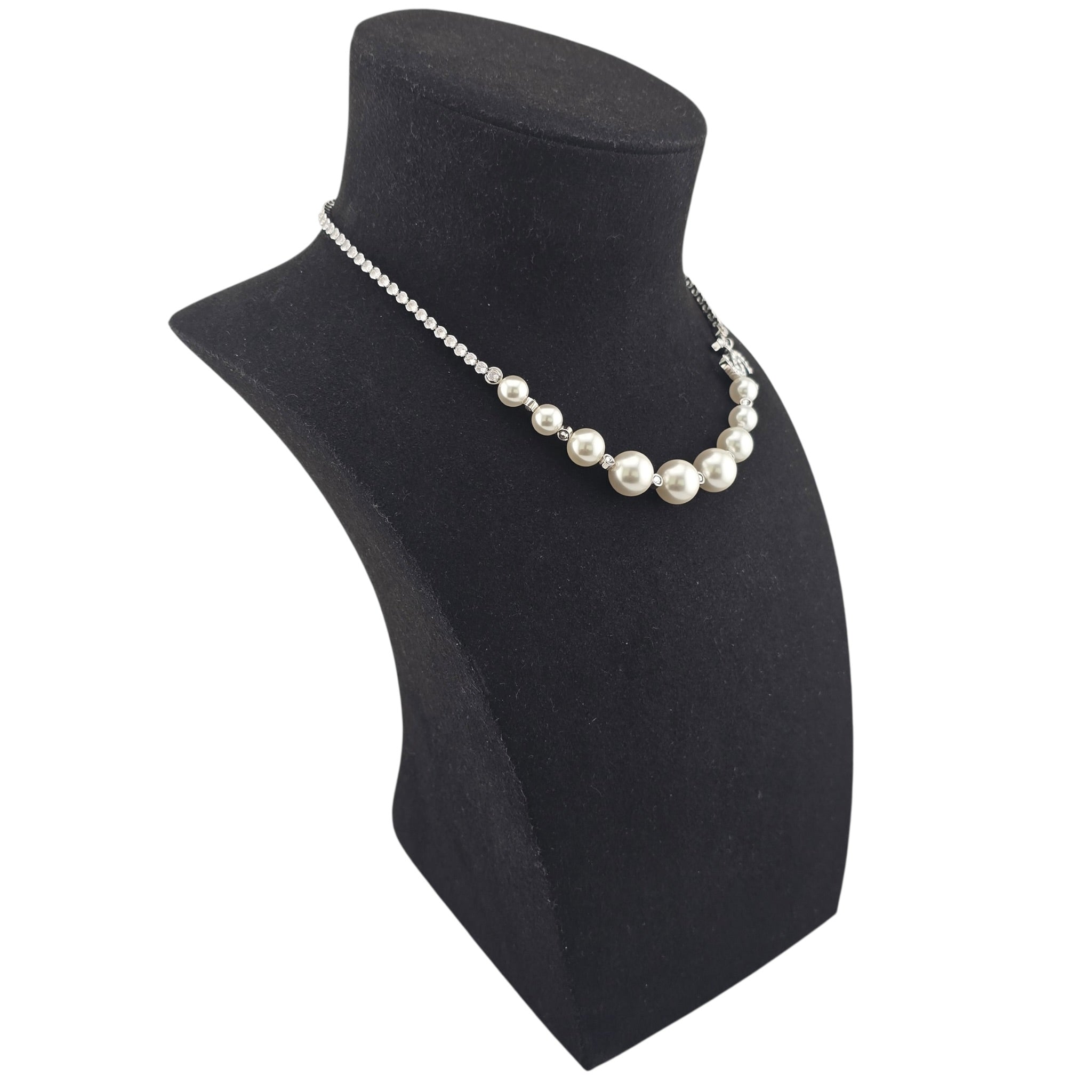 Chanel CC Faux Pearl Silver Crystal Necklace 2025 CHANEL