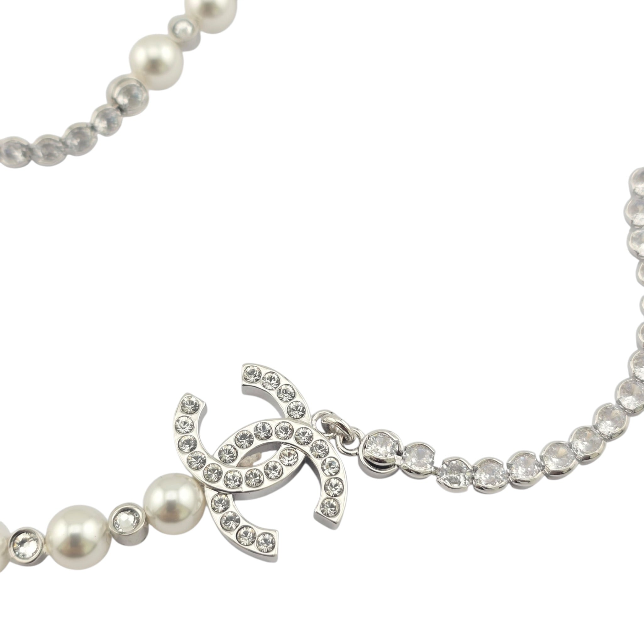Chanel CC Faux Pearl Silver Crystal Long Necklace 2025 CHANEL