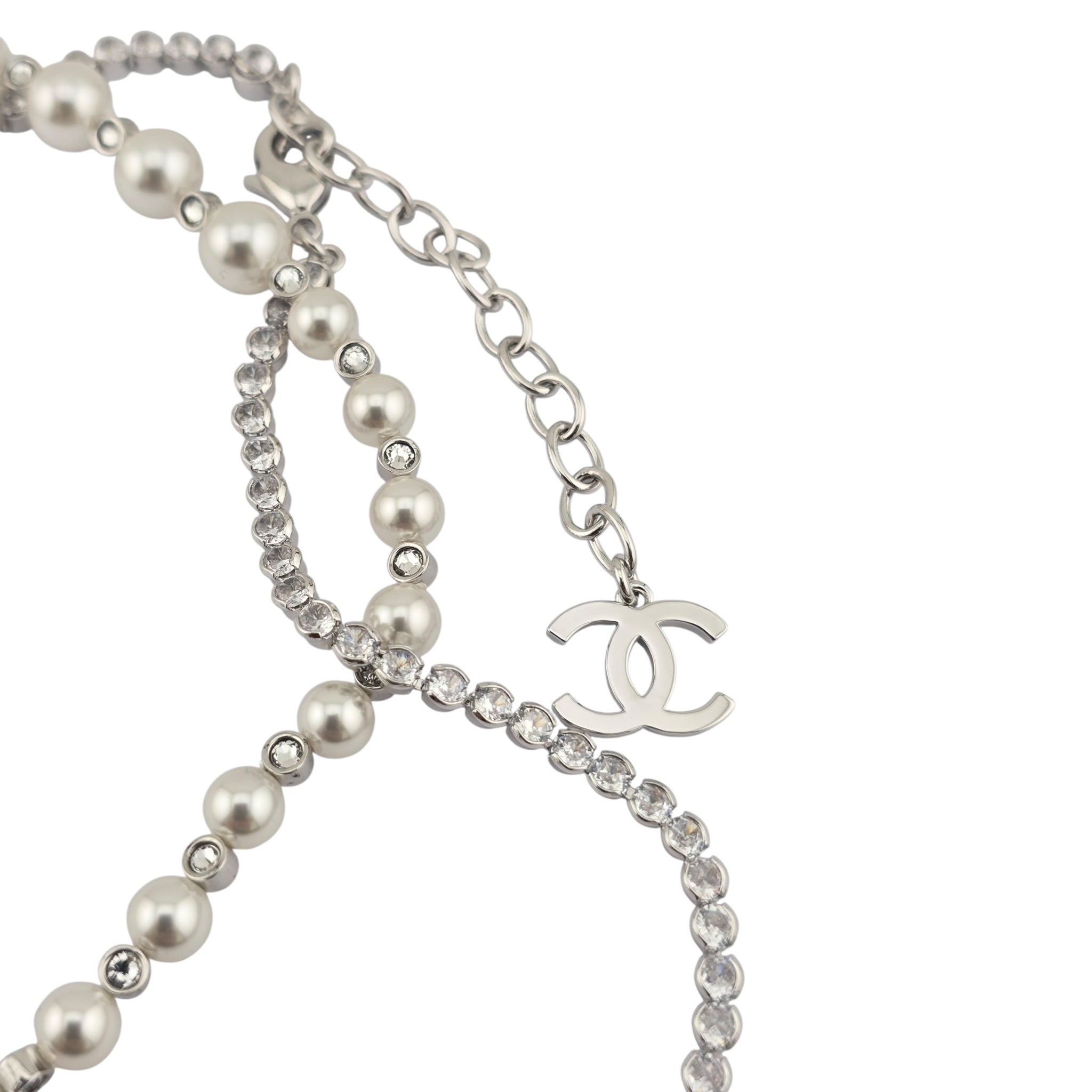Chanel CC Faux Pearl Silver Crystal Long Necklace 2025 CHANEL