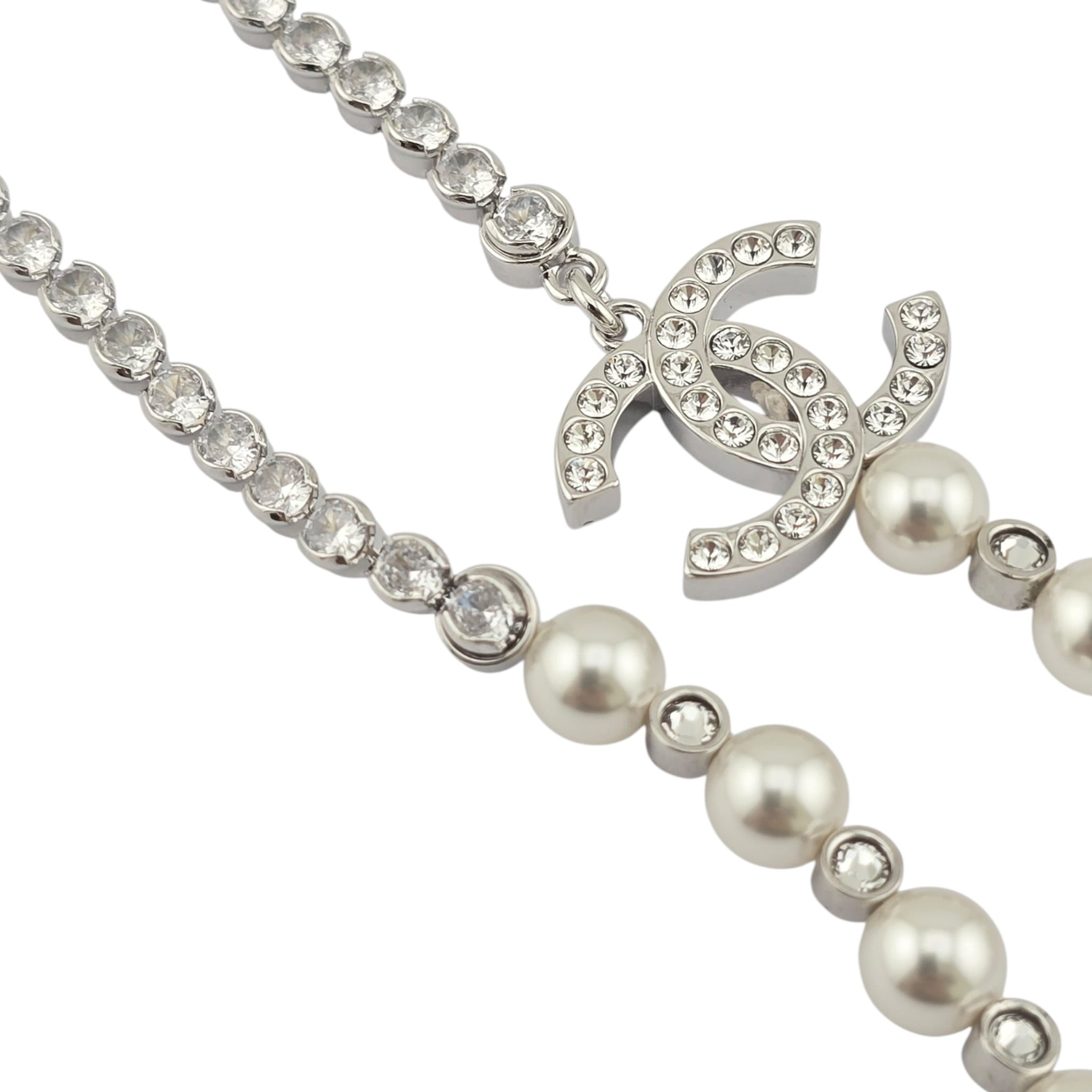 Chanel CC Faux Pearl Silver Crystal Long Necklace 2025 CHANEL
