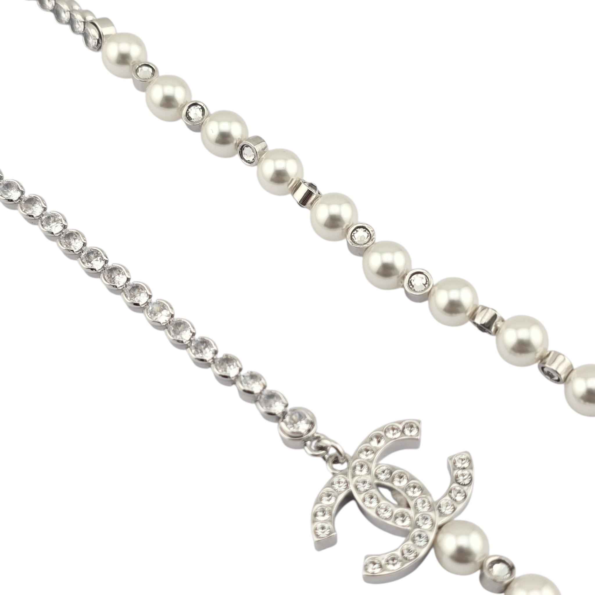 Chanel CC Faux Pearl Silver Crystal Long Necklace 2025 CHANEL