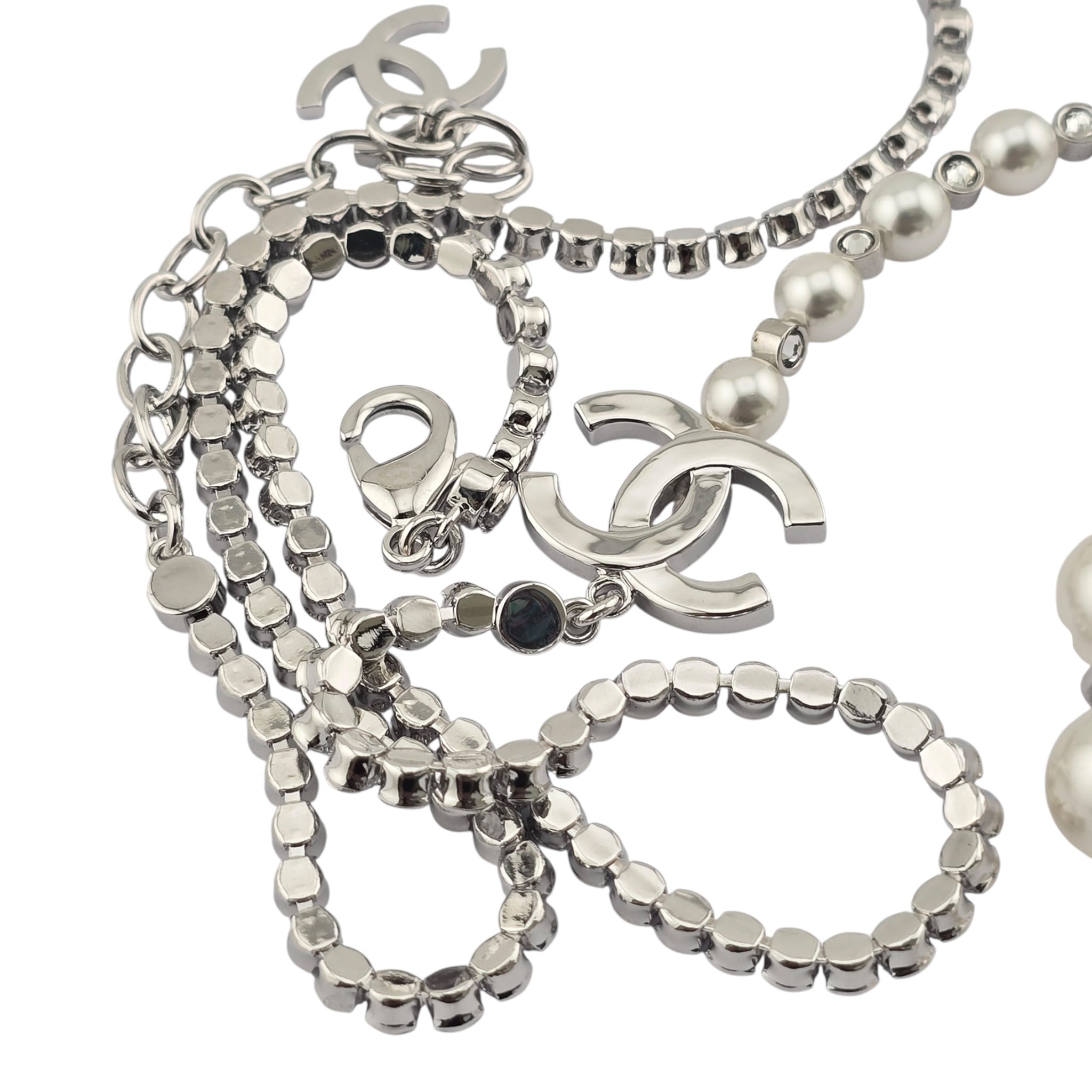 Chanel CC Faux Pearl Silver Crystal Long Necklace 2025 CHANEL