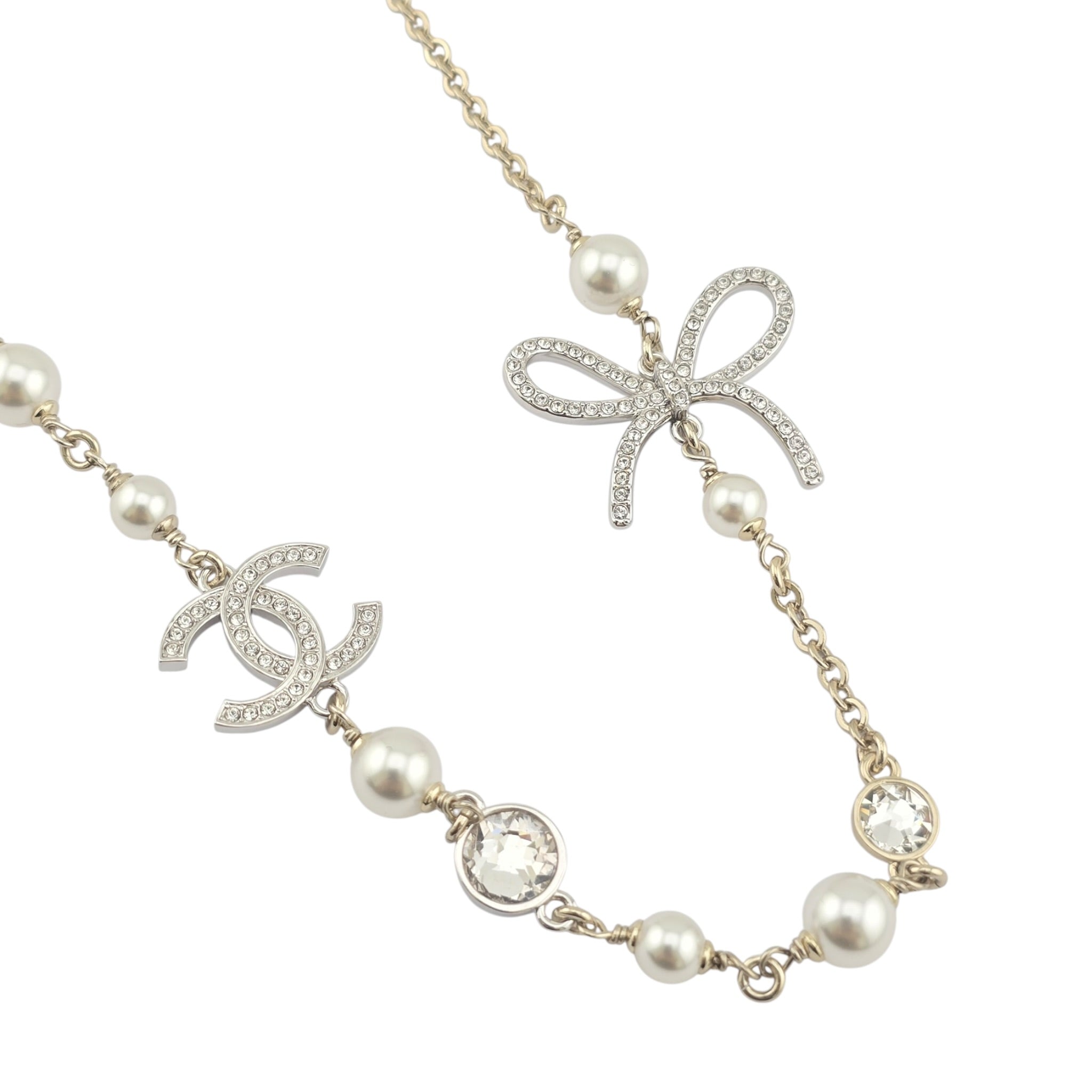 Chanel CC Gold Silver Bow Faux Pearl Necklace 2025 CHANEL