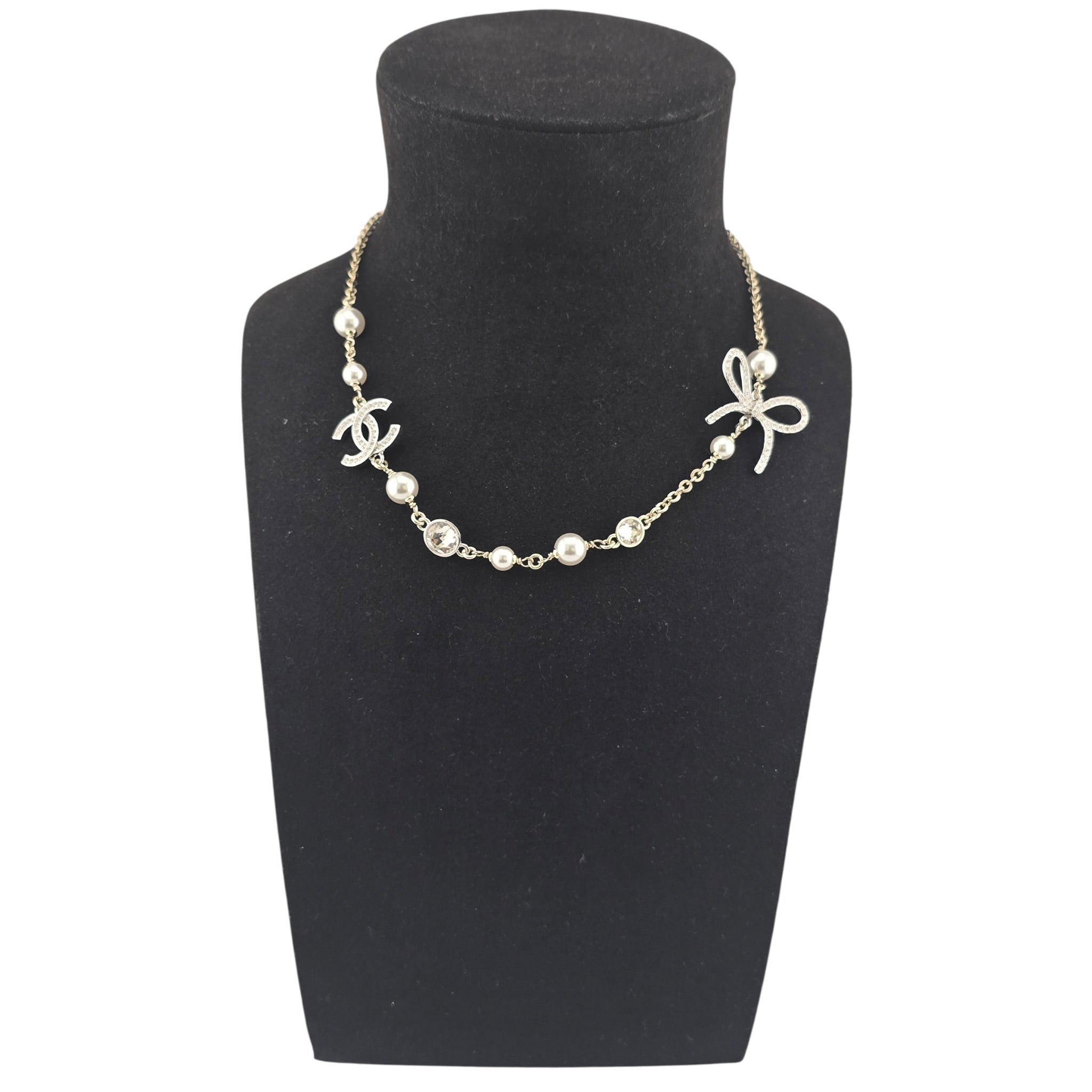 Chanel CC Gold Silver Bow Faux Pearl Necklace 2025 CHANEL