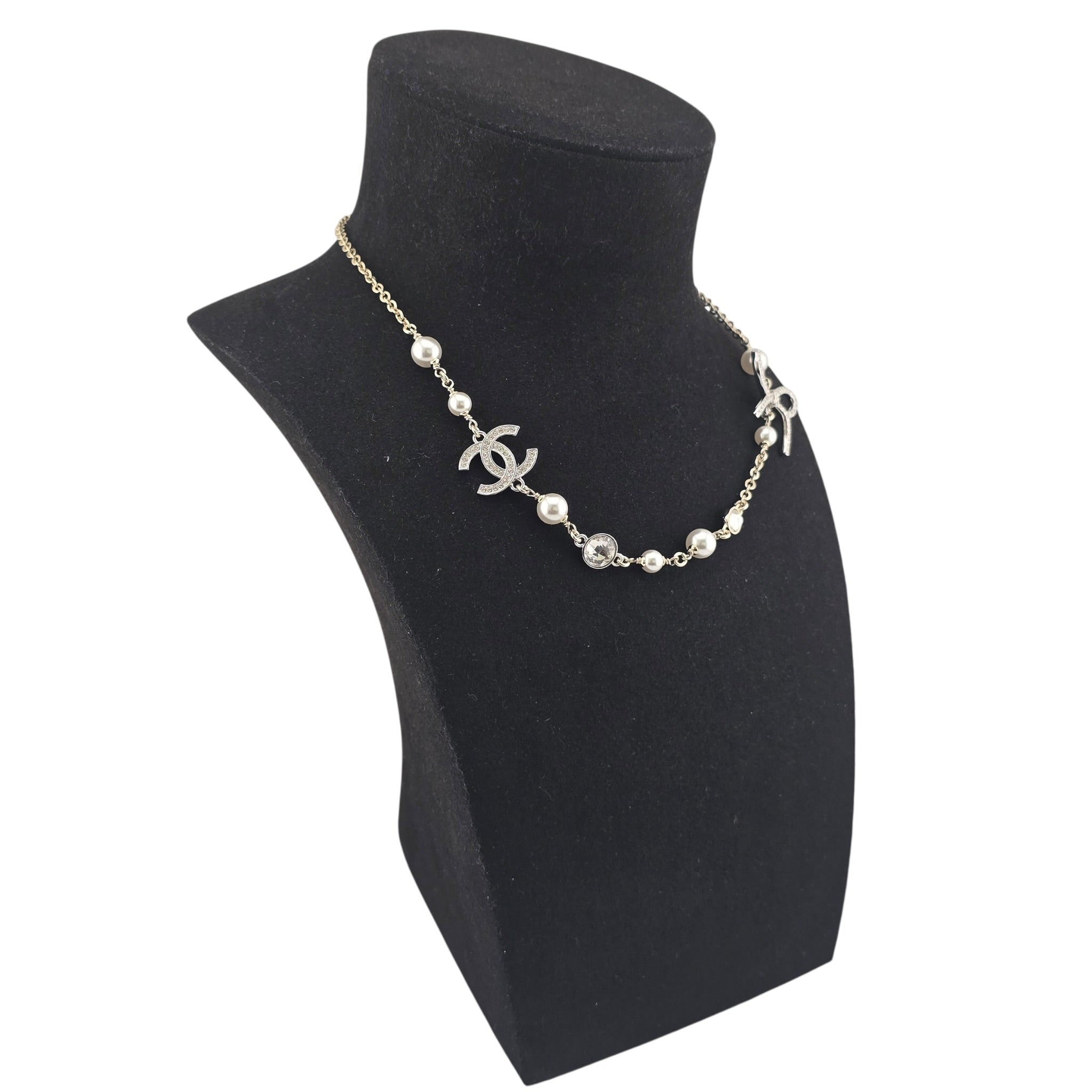 Chanel CC Gold Silver Bow Faux Pearl Necklace 2025 CHANEL