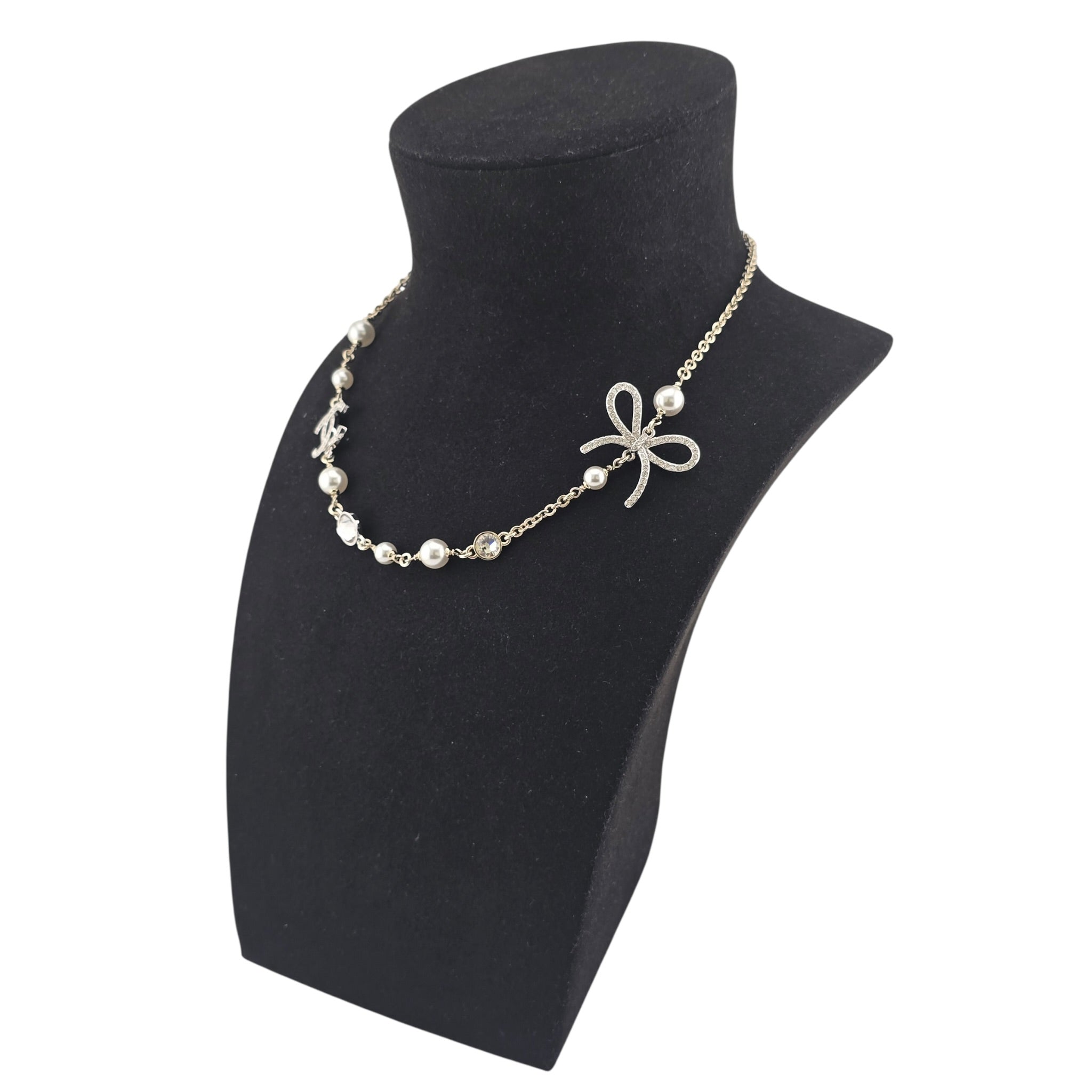 Chanel CC Gold Silver Bow Faux Pearl Necklace 2025 CHANEL