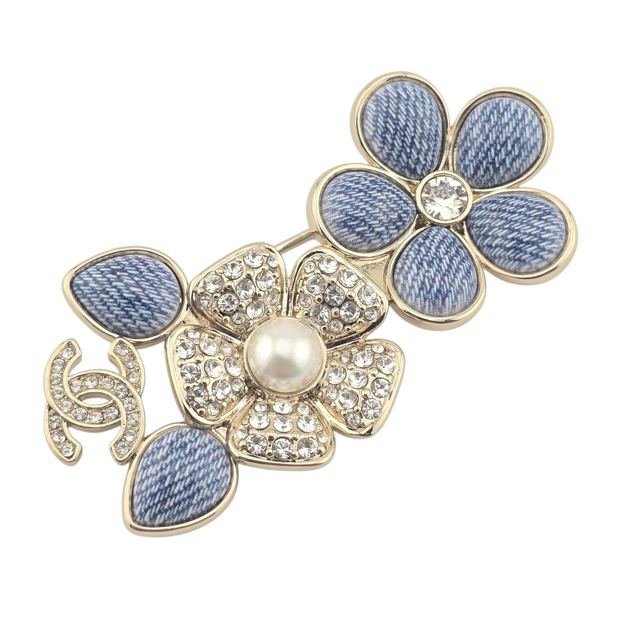 Chanel CC Enamel Crystal Floral Denim Brooch 2026 CHANEL