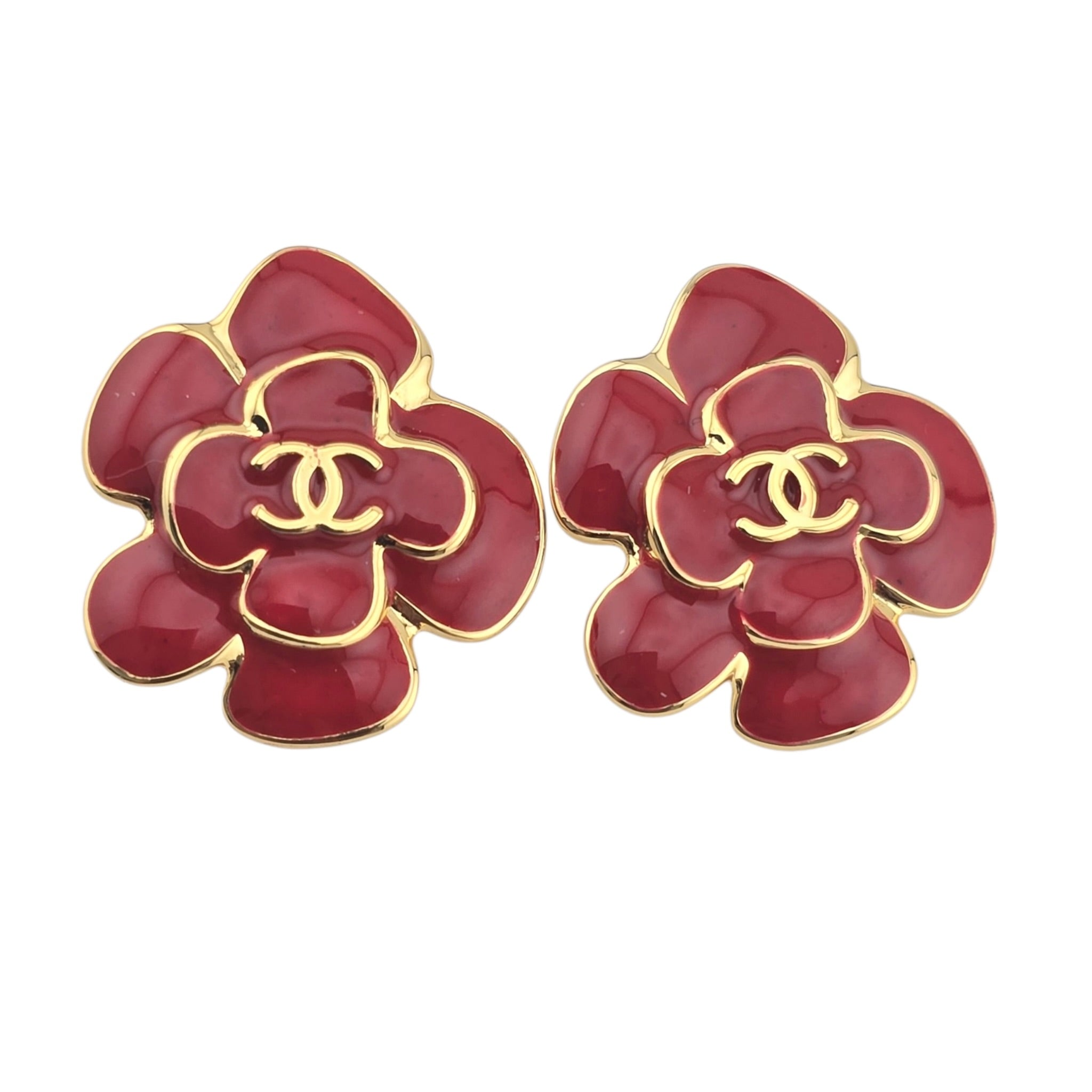 Chanel CC Red Gold Resin Camellia Earrings 2026 CHANEL