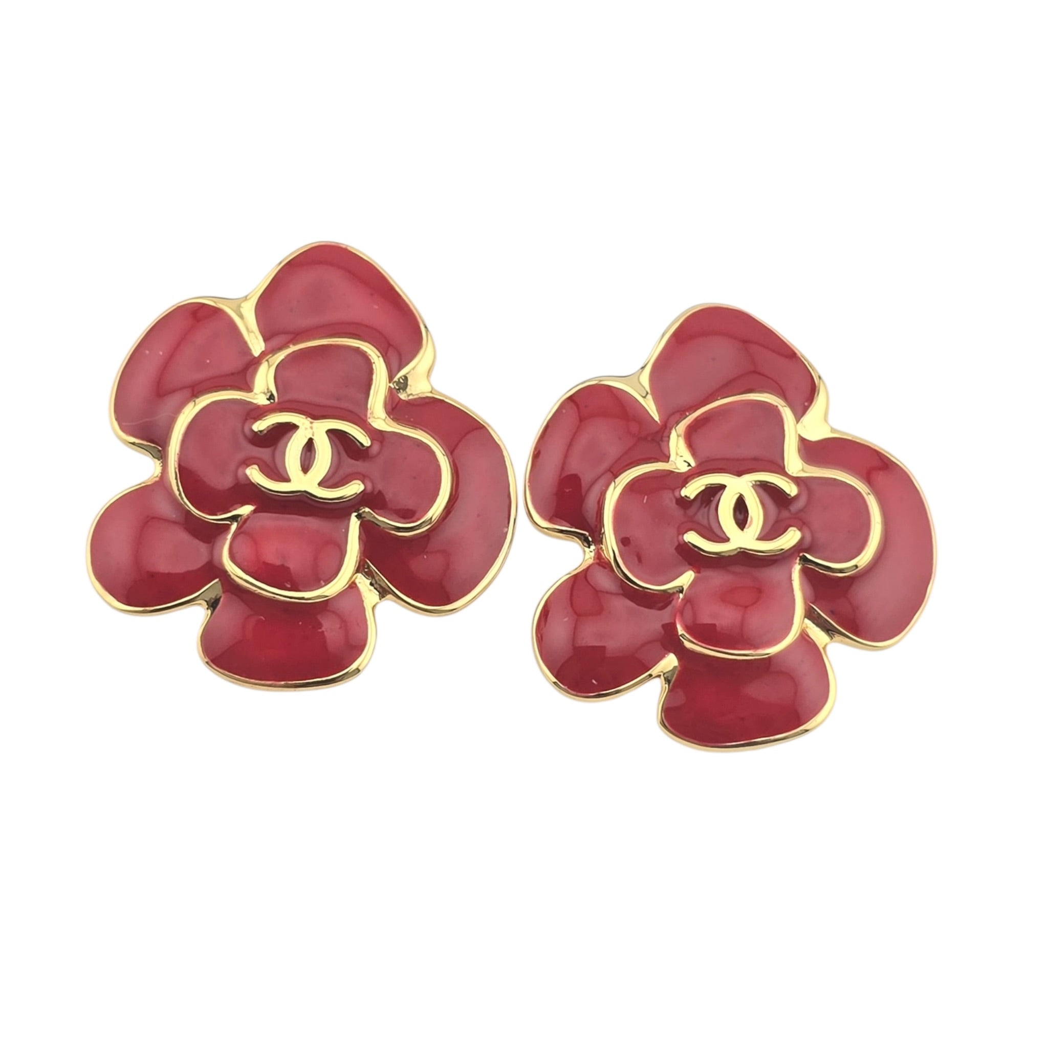 Chanel CC Red Gold Resin Camellia Earrings 2026 CHANEL