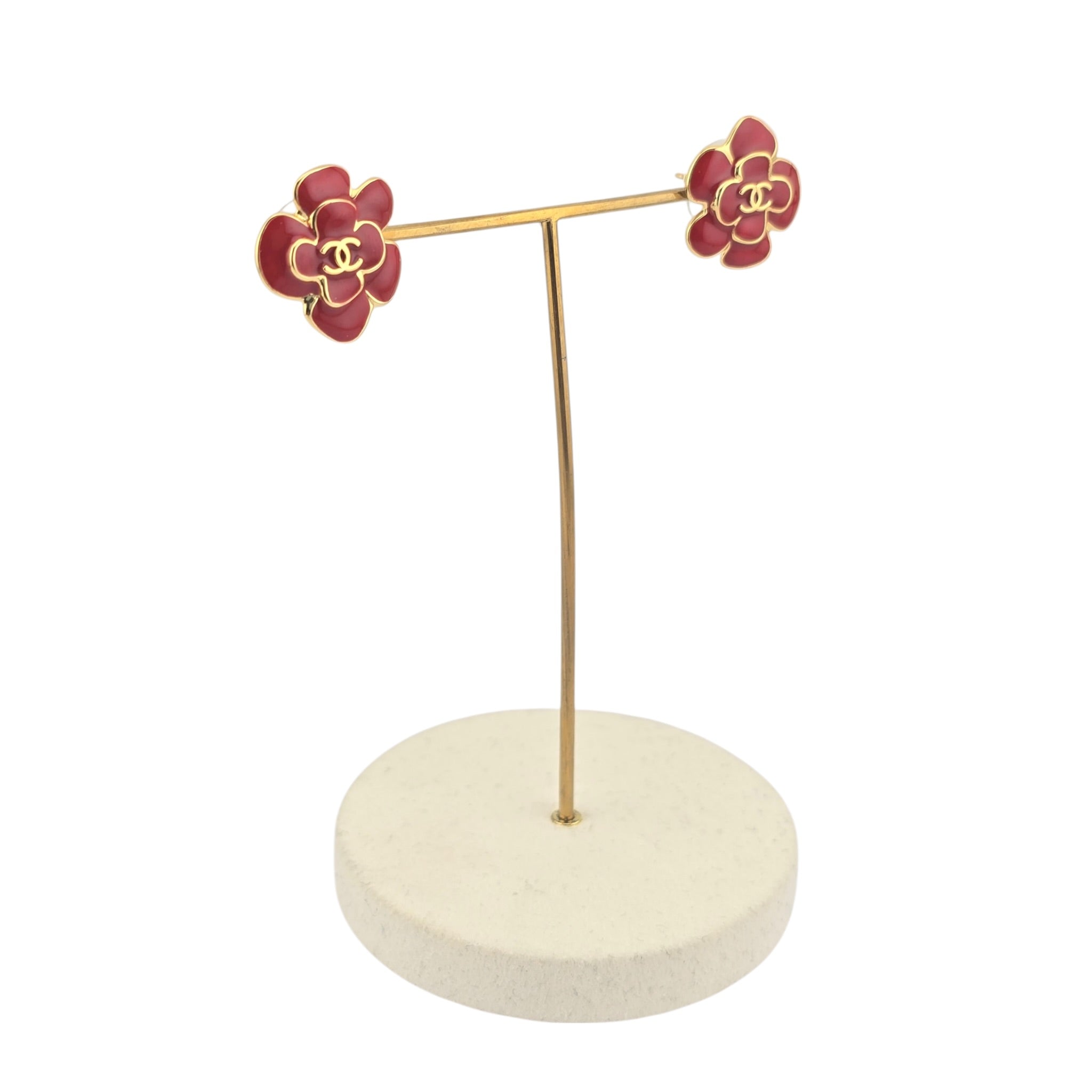 Chanel CC Red Gold Resin Camellia Earrings 2026 CHANEL