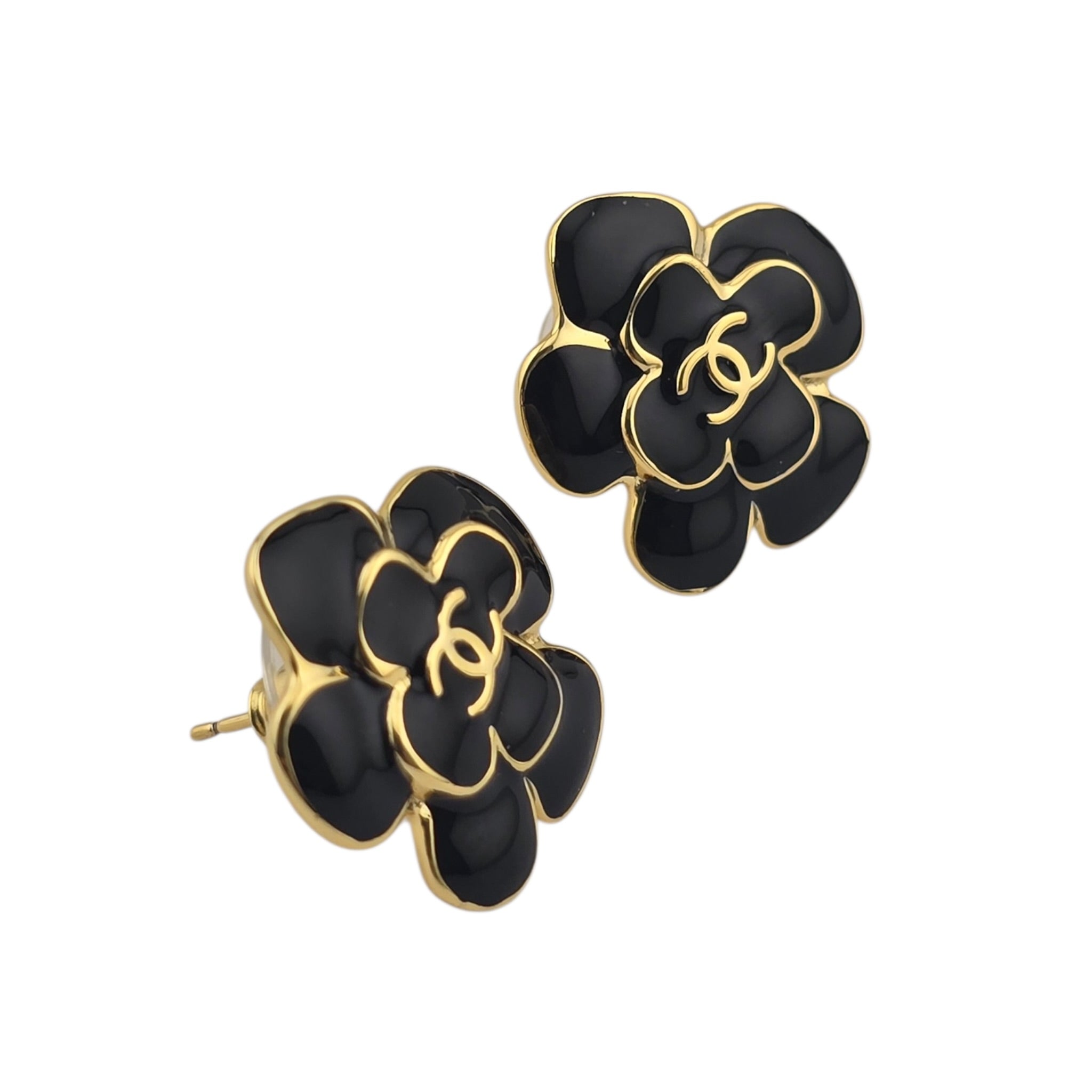 Chanel CC Black Gold Enamel Camellia Earrings 2026 CHANEL