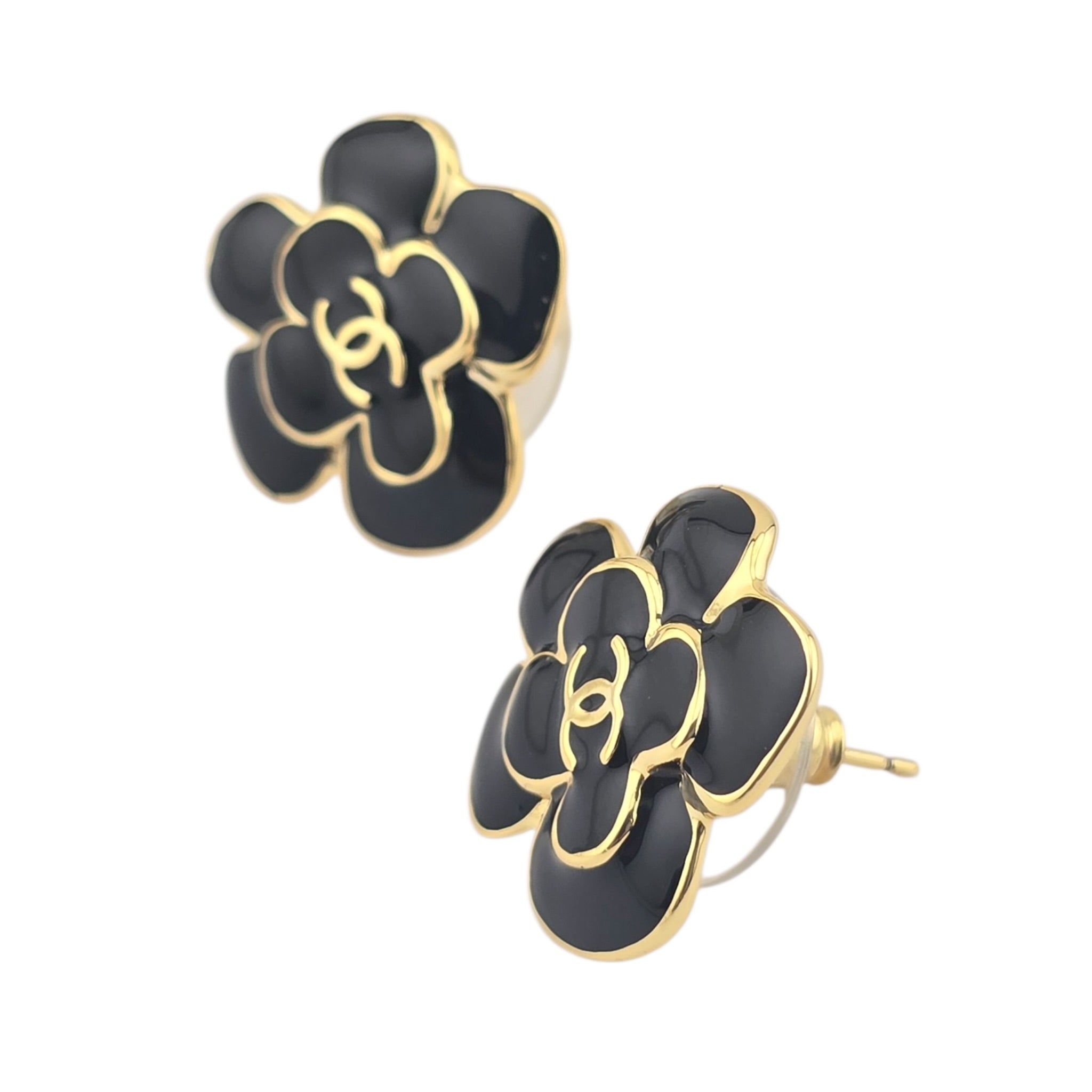Chanel CC Black Gold Enamel Camellia Earrings 2026 CHANEL