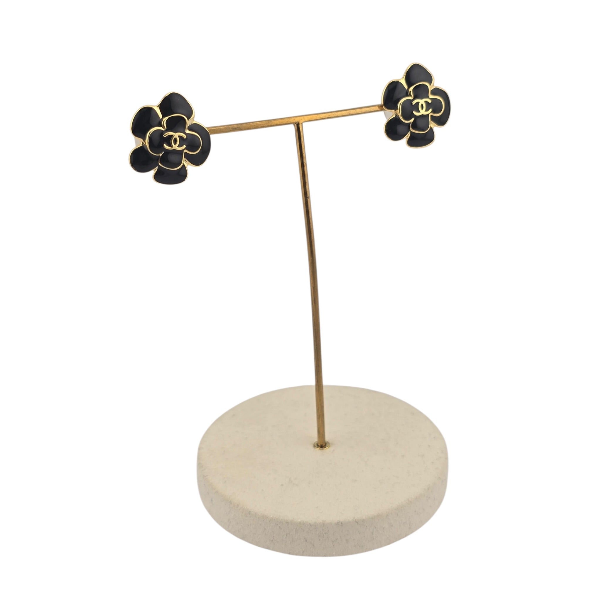 Chanel CC Black Gold Enamel Camellia Earrings 2026 CHANEL