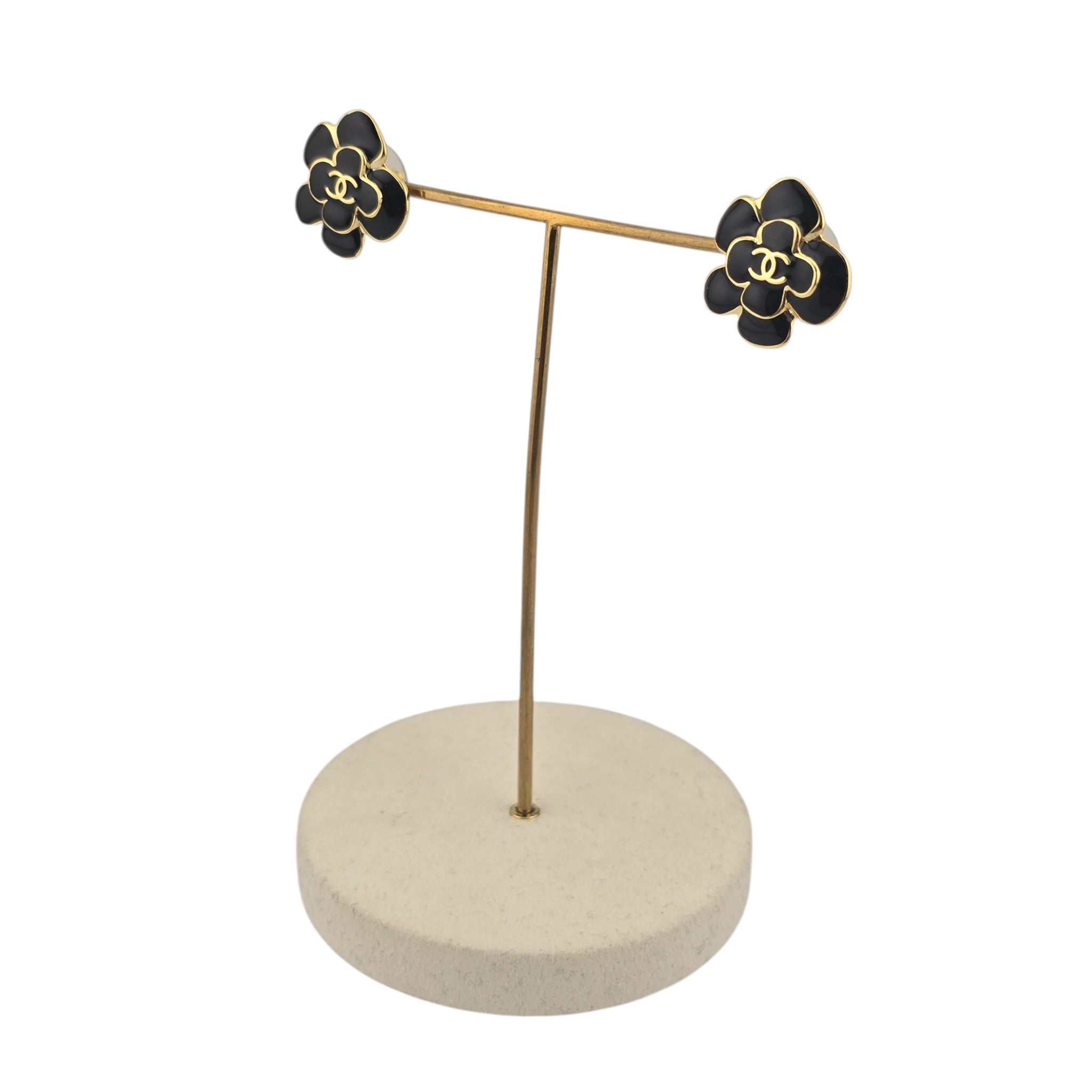 Chanel CC Black Gold Enamel Camellia Earrings 2026 CHANEL