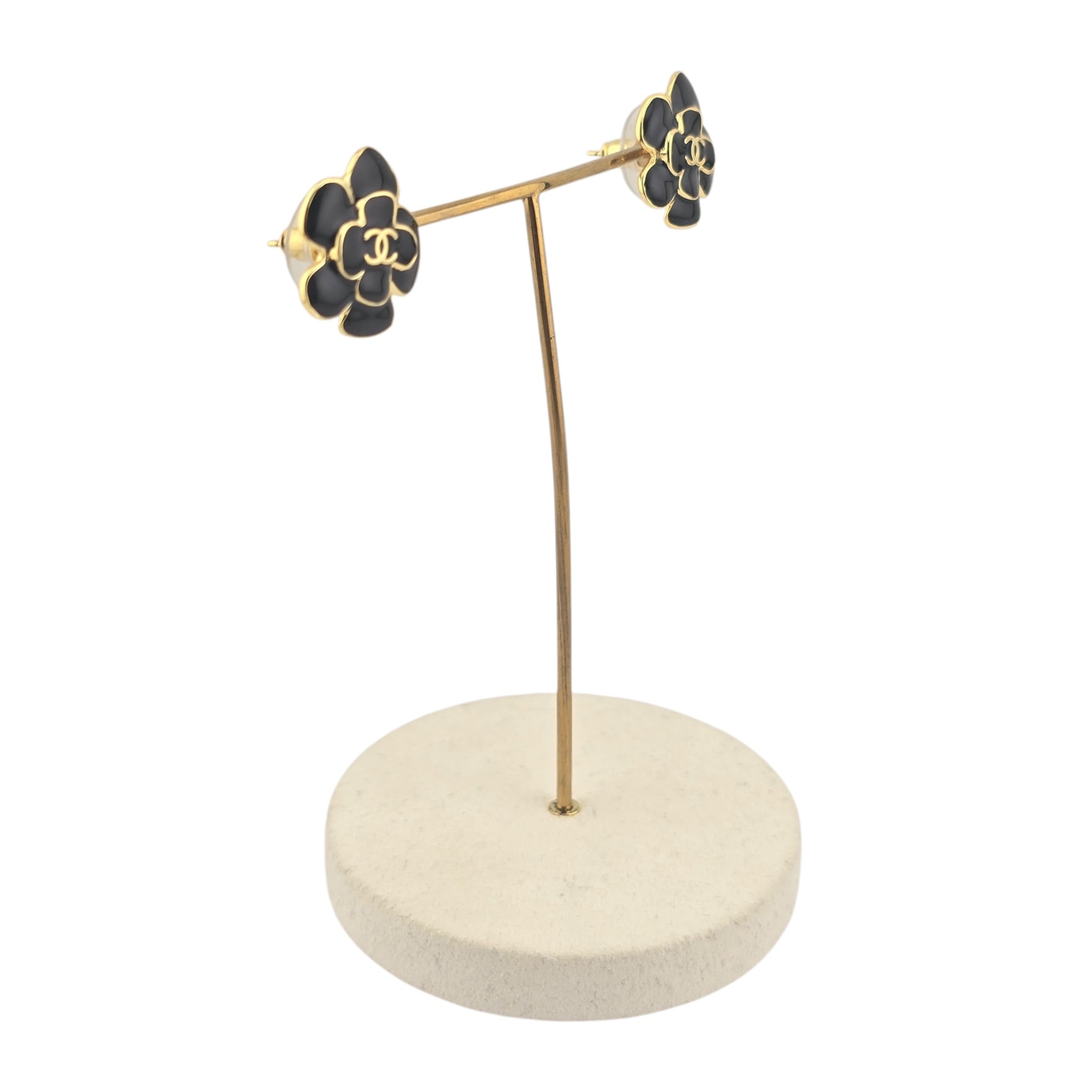 Chanel CC Black Gold Enamel Camellia Earrings 2026 CHANEL