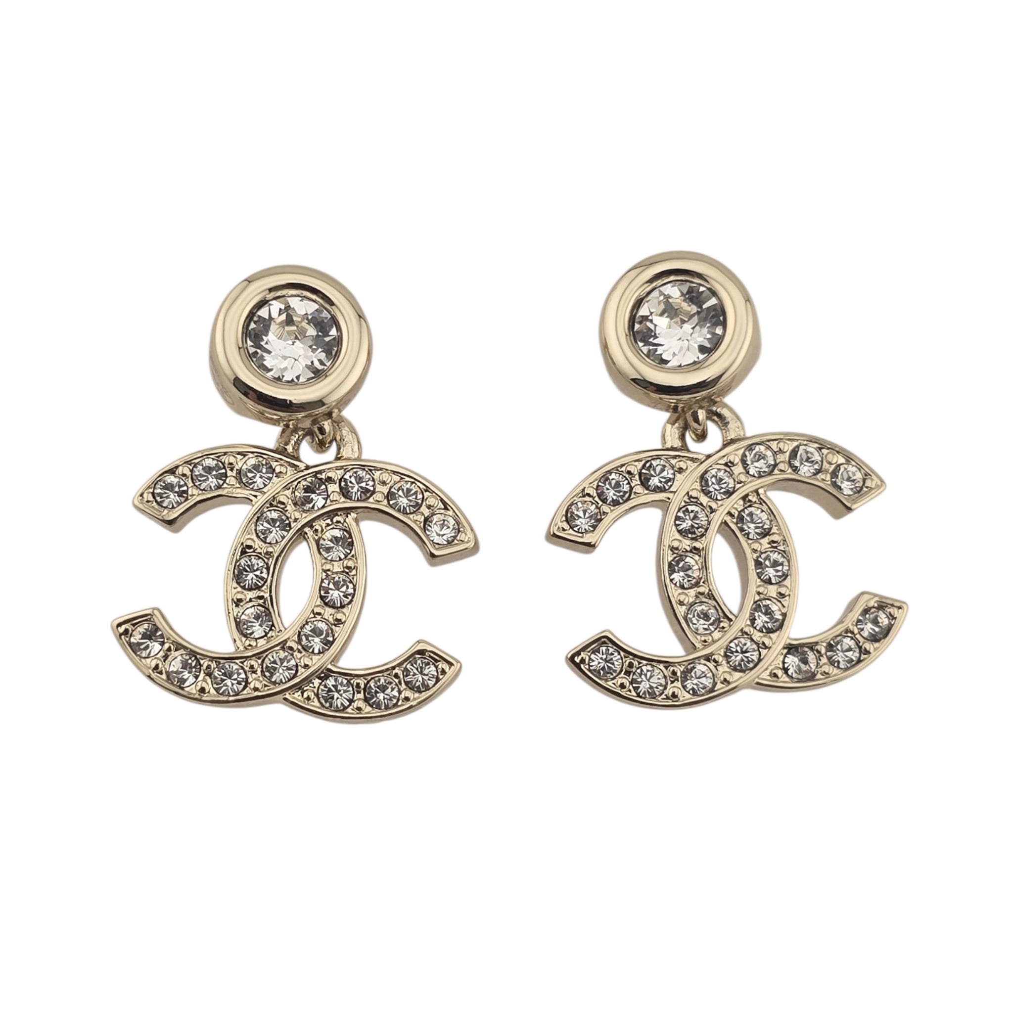 Chanel CC Crystals Drop Earrings Gold Tone 25S CHANEL