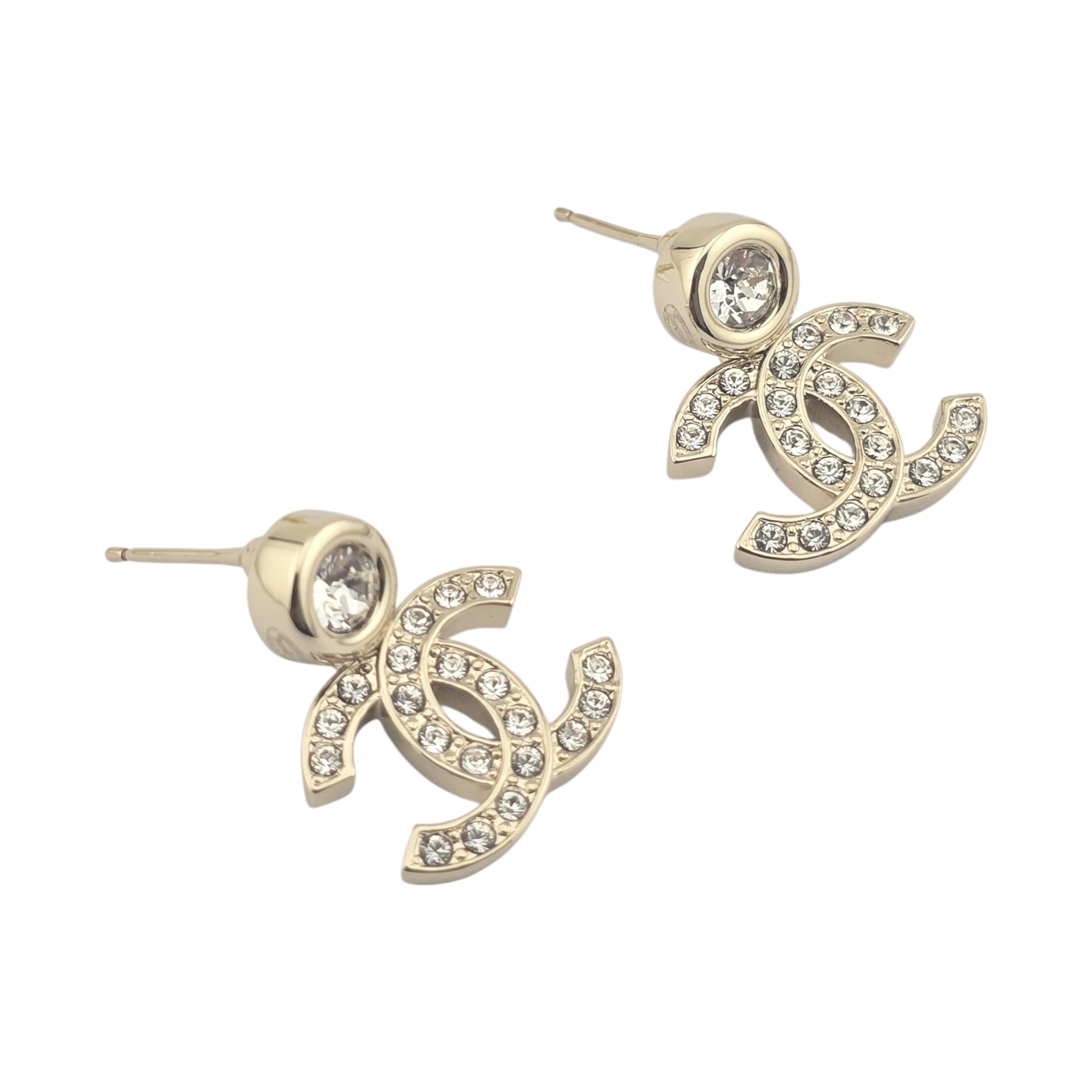 Chanel CC Crystals Drop Earrings Gold Tone 25S CHANEL