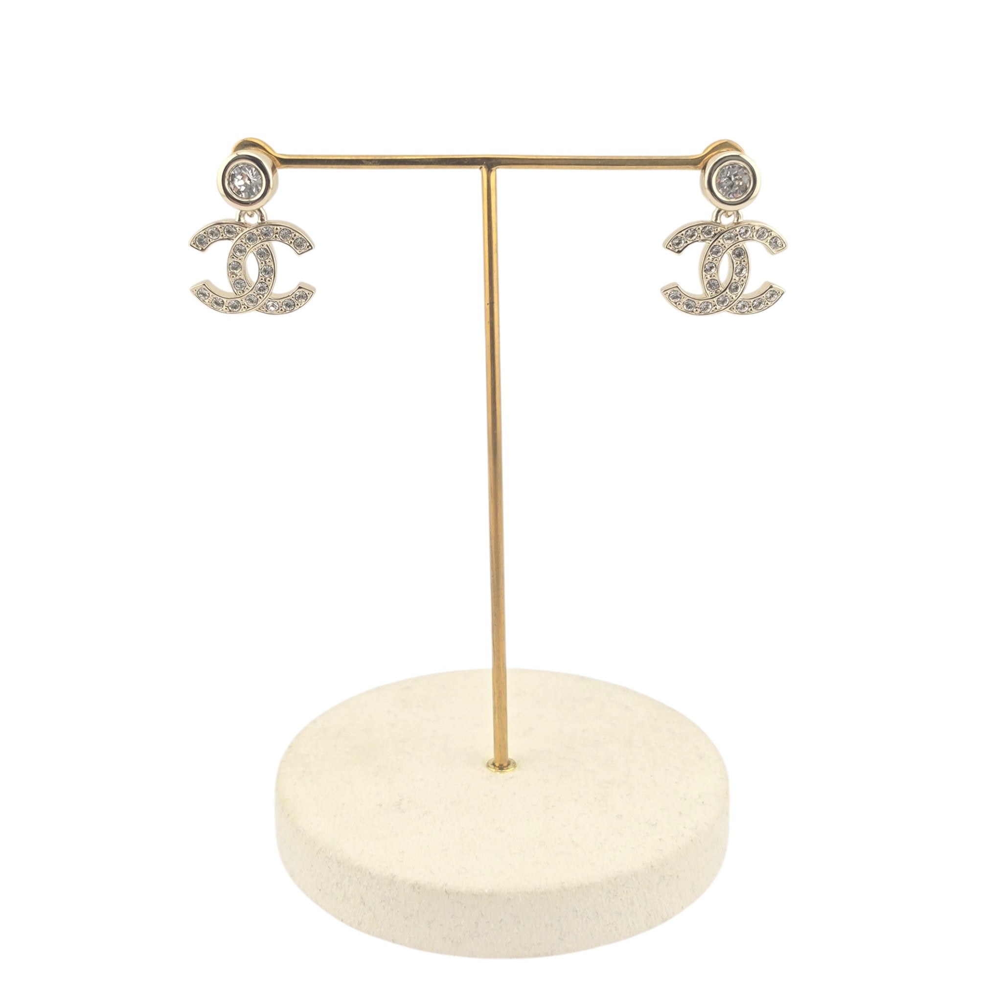 Chanel CC Crystals Drop Earrings Gold Tone 25S CHANEL