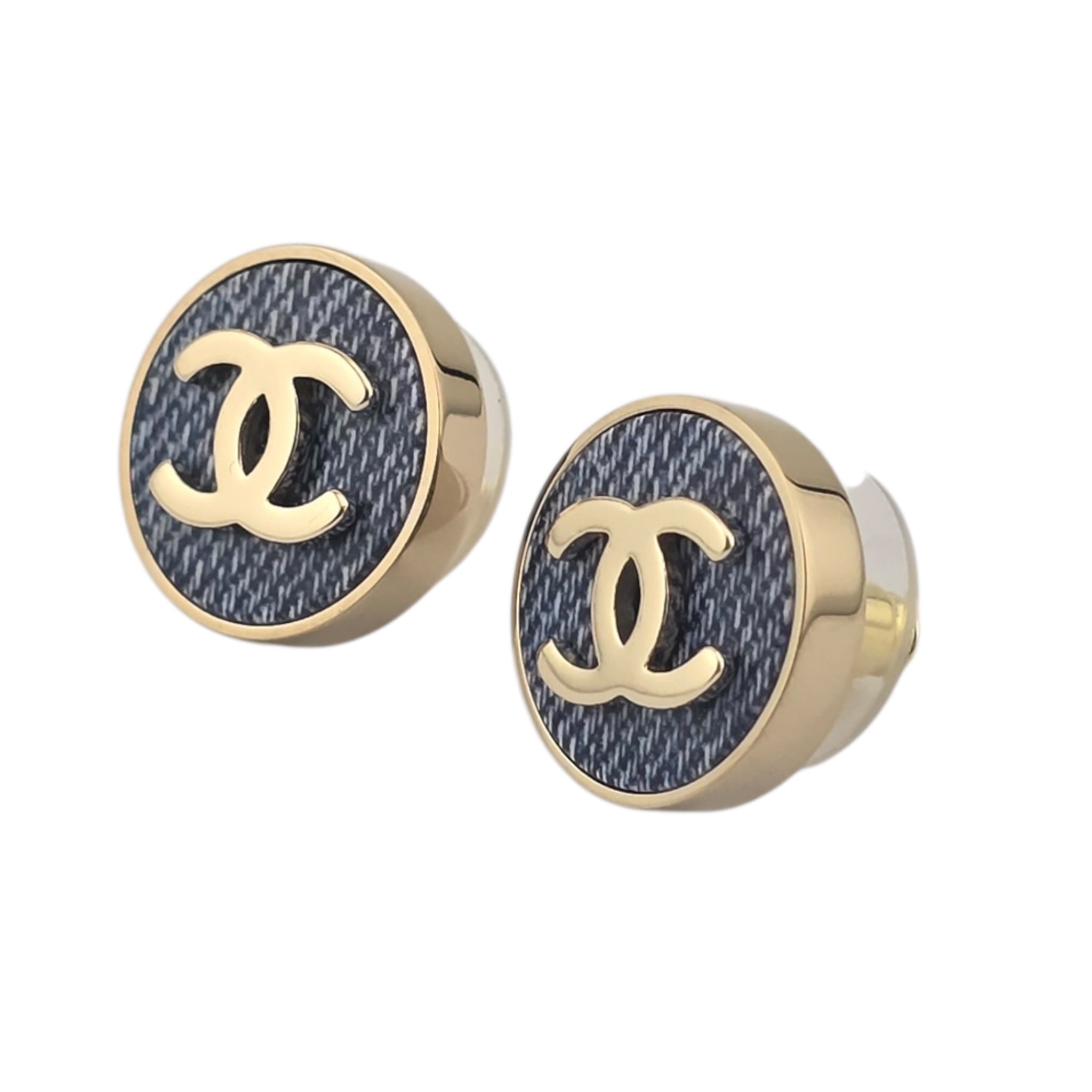 Chanel CC Blue Gold Round Denim Earrings 2026 CHANEL