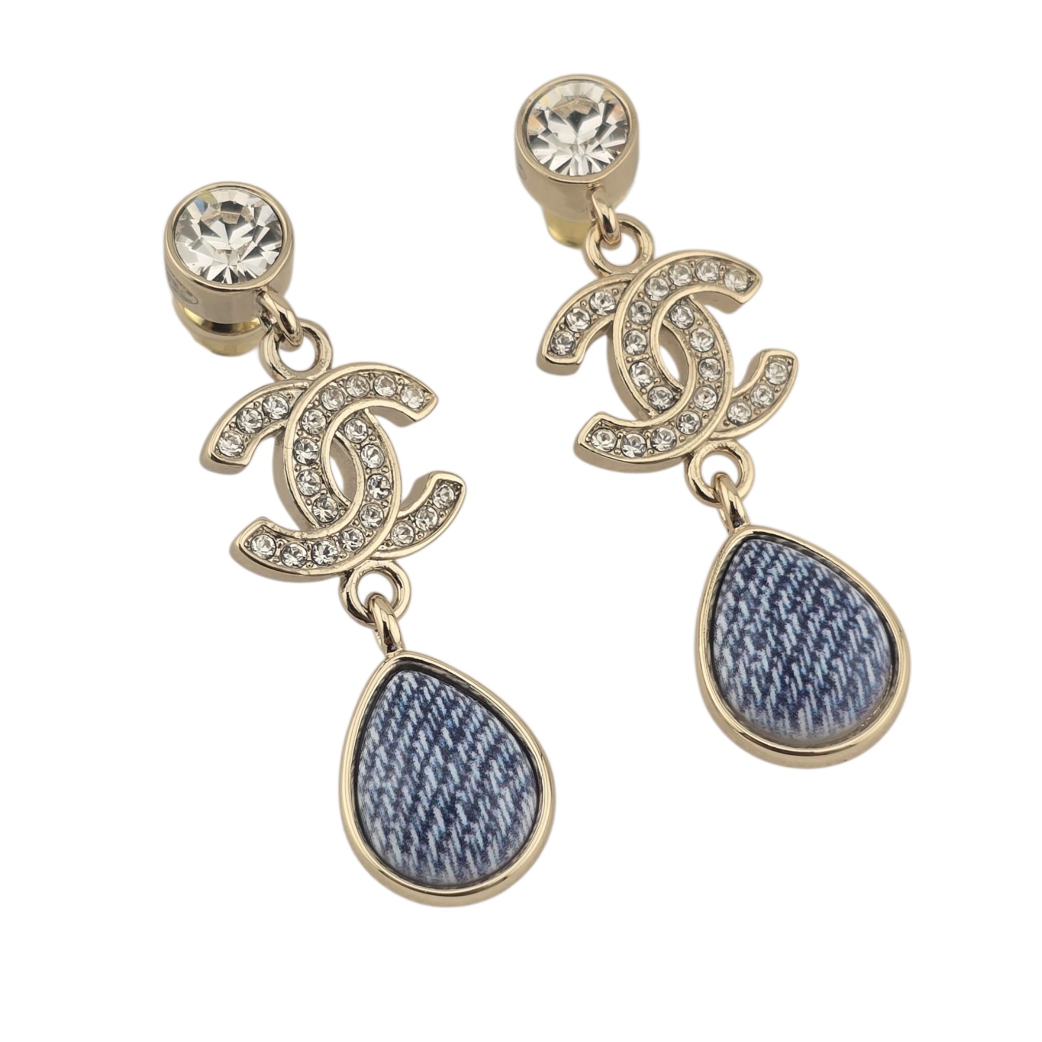 Chanel CC Blue Gold Denim Drop Earrings 2026 CHANEL