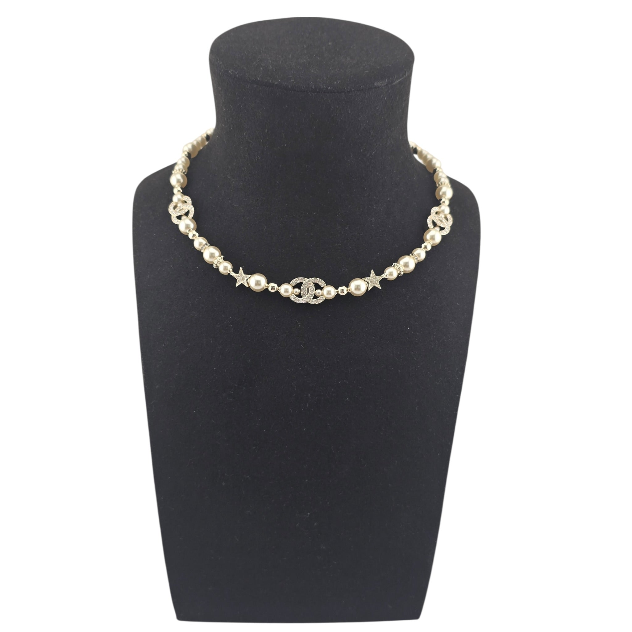 Chanel CC gold Faux Pearl Star Crystal Choker Necklace 2023 CHANEL
