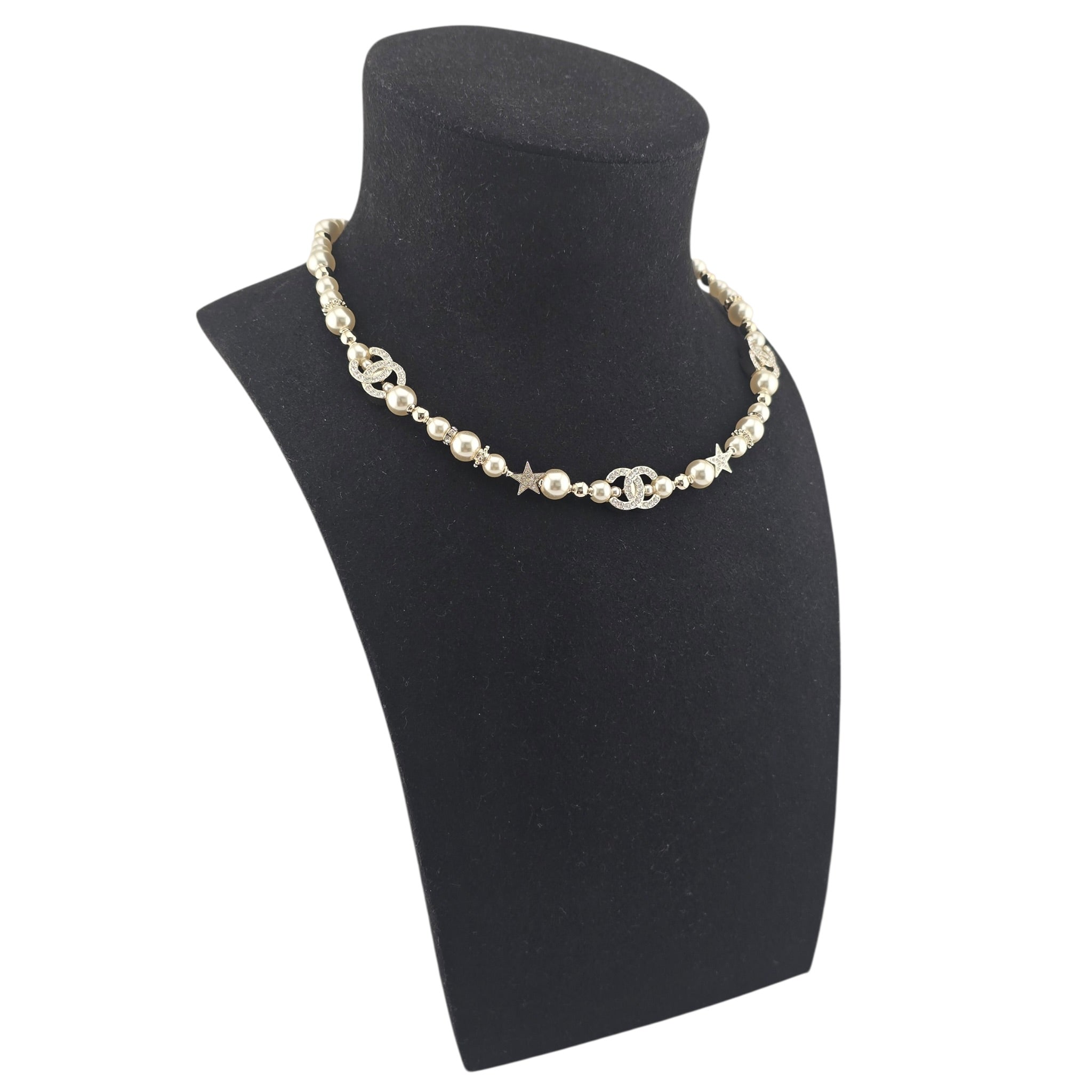 Chanel CC gold Faux Pearl Star Crystal Choker Necklace 2023 CHANEL