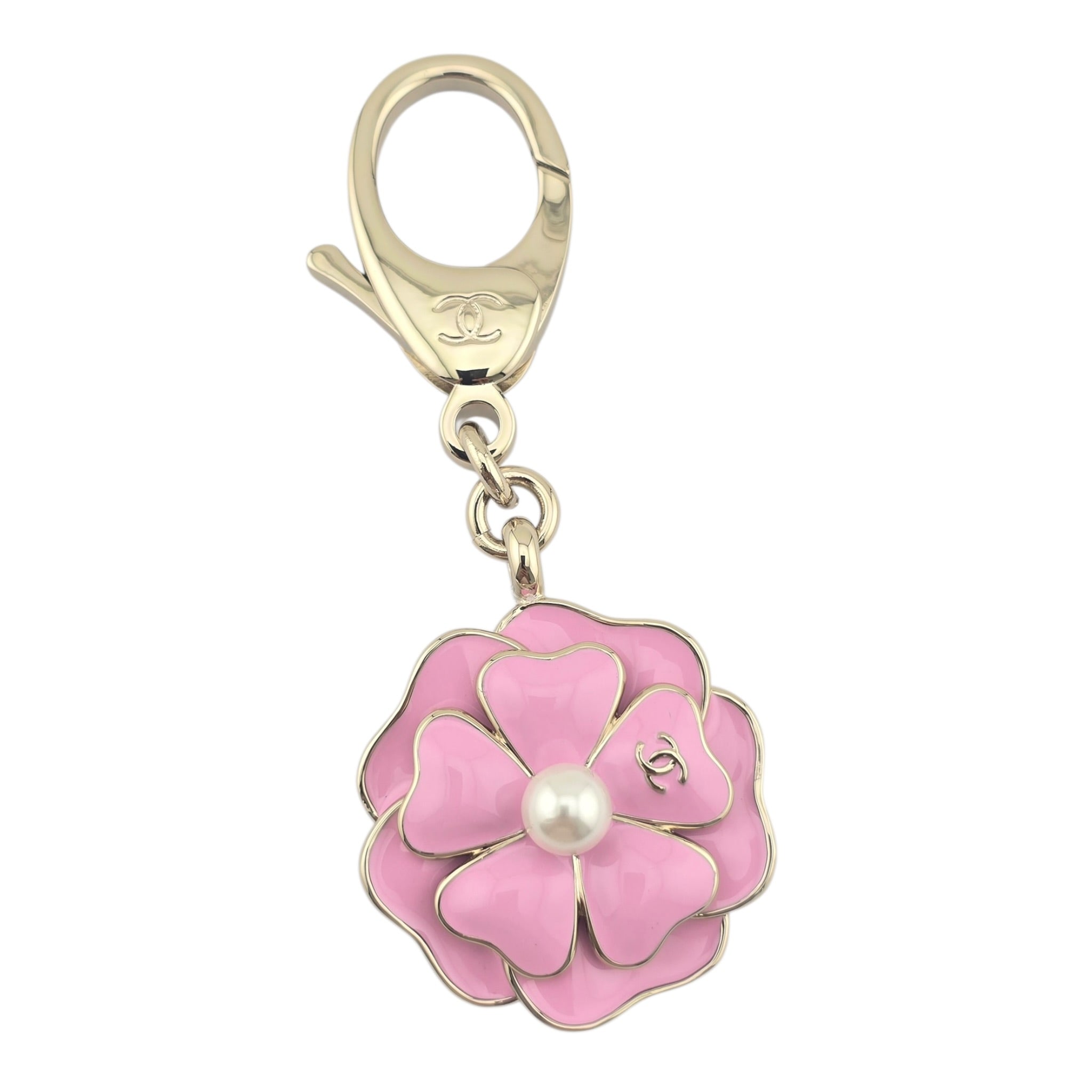 Chanel CC Pink Enamel Camellia Keychain Bag Charm 2025 CHANEL