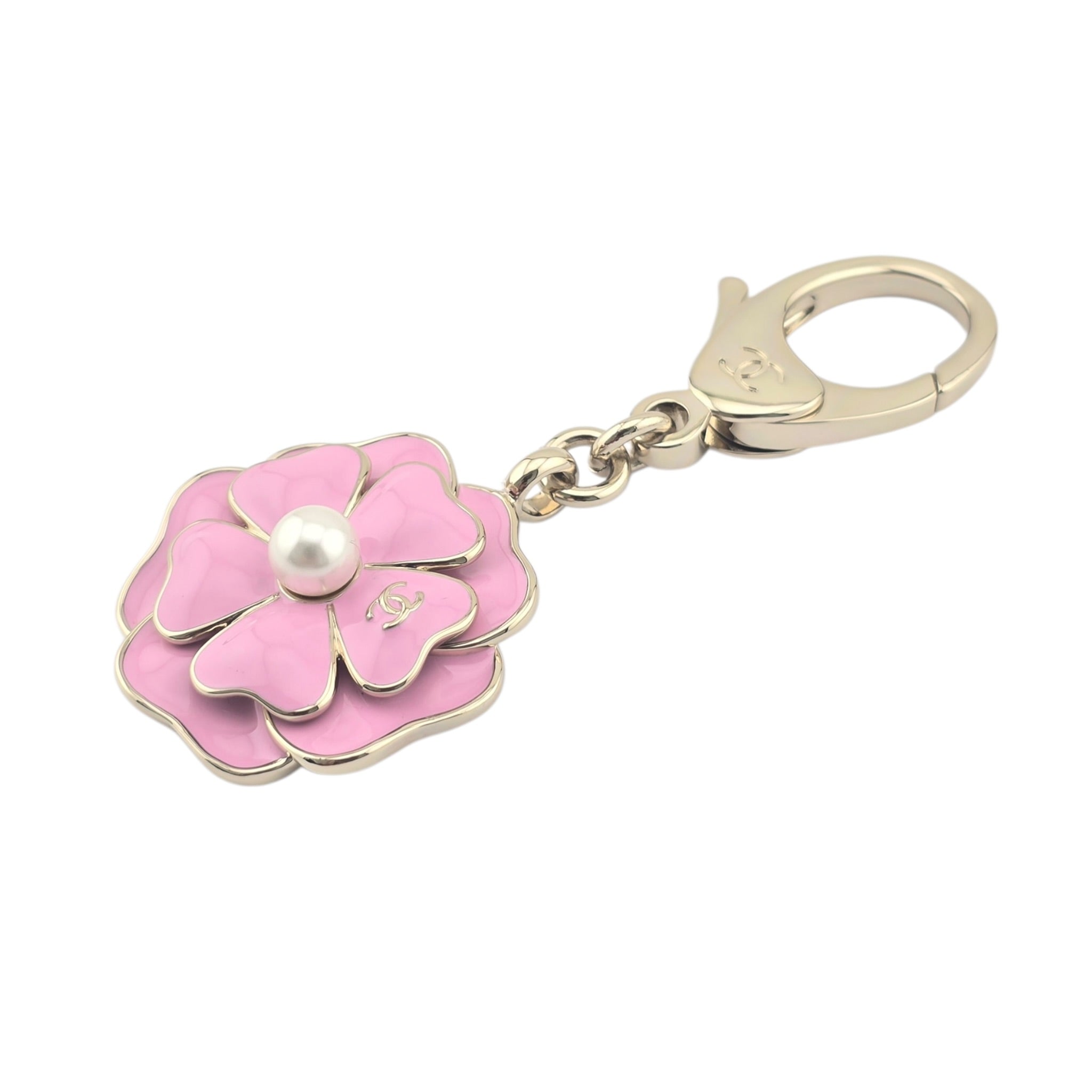 Chanel CC Pink Enamel Camellia Keychain Bag Charm 2025 CHANEL