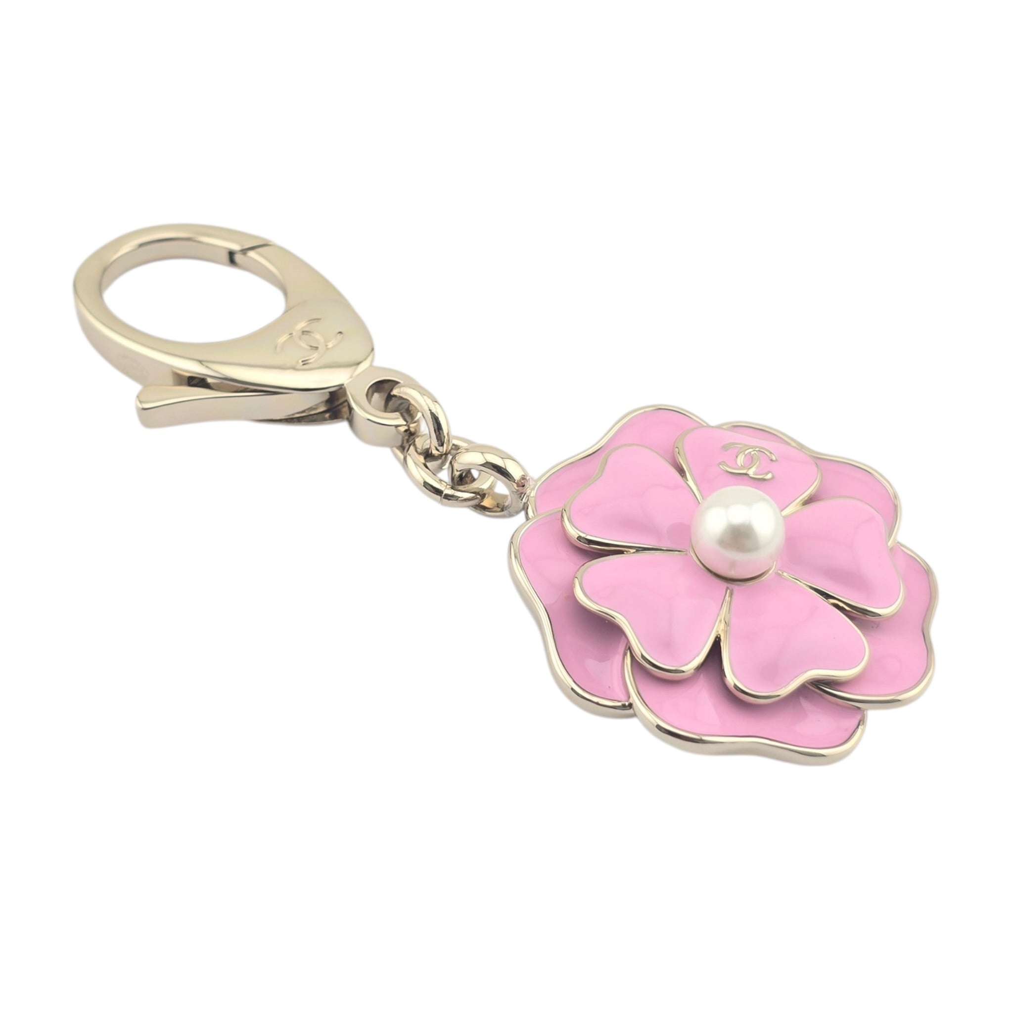 Chanel CC Pink Enamel Camellia Keychain Bag Charm 2025 CHANEL