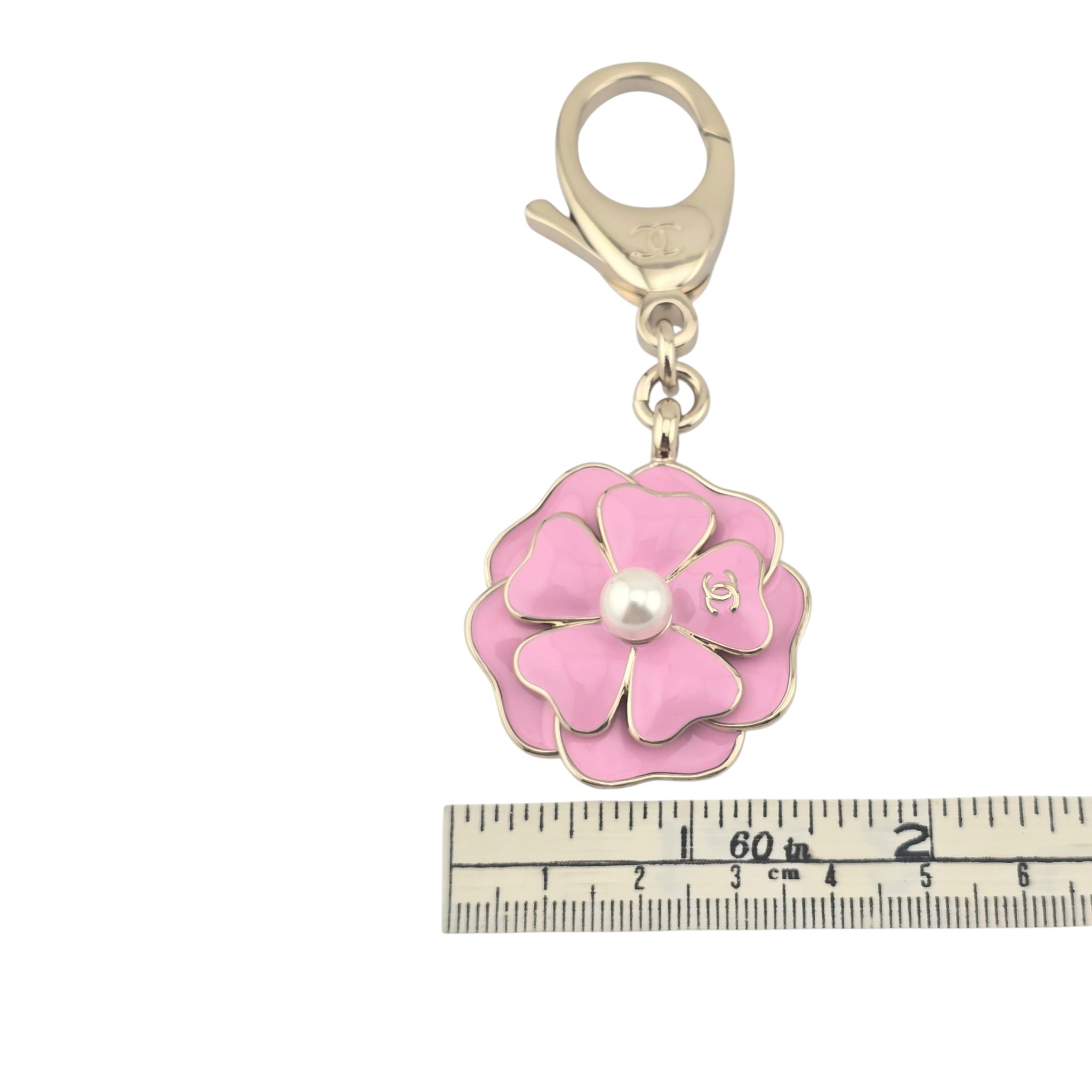 Chanel CC Pink Enamel Camellia Keychain Bag Charm 2025 CHANEL