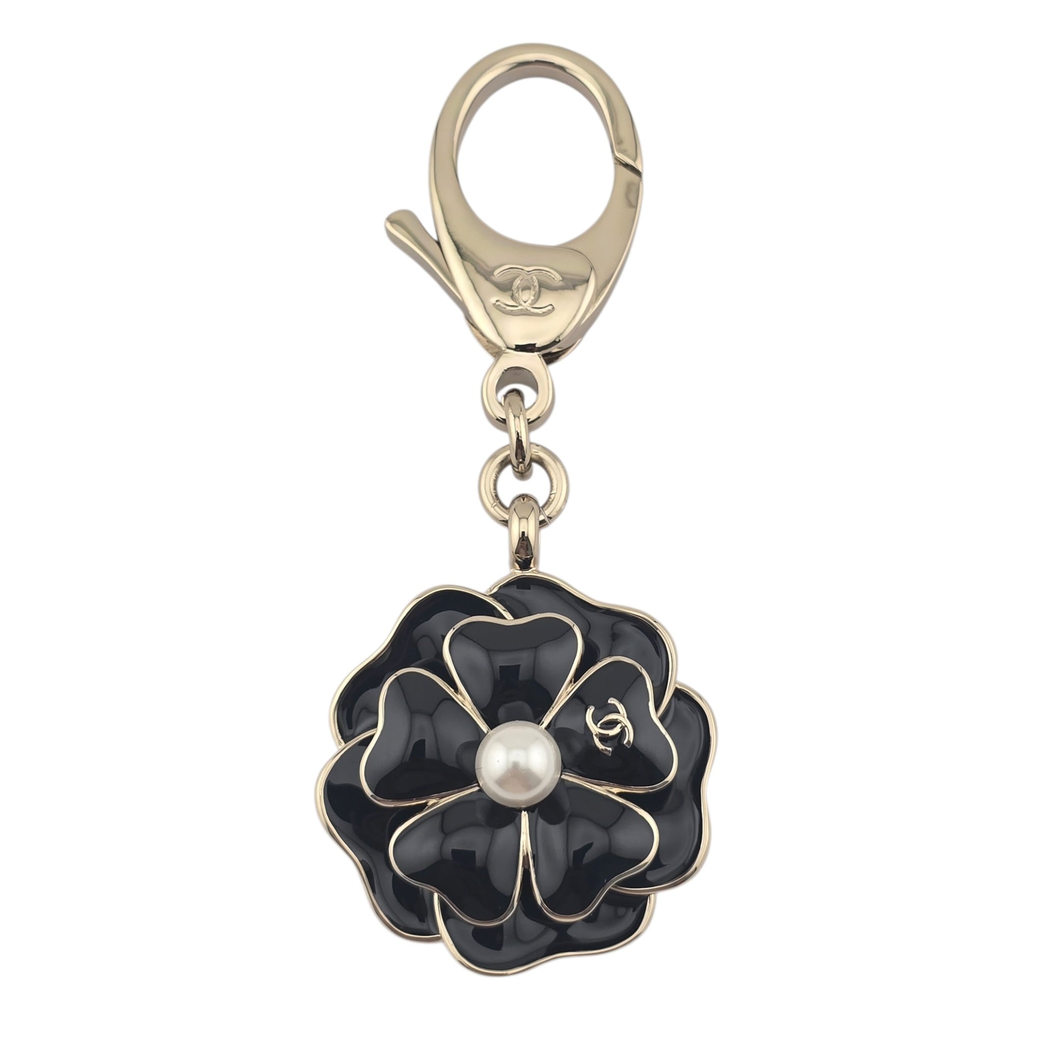 Chanel CC Black Enamel Camellia Keychain Bag Charm 2025 CHANEL