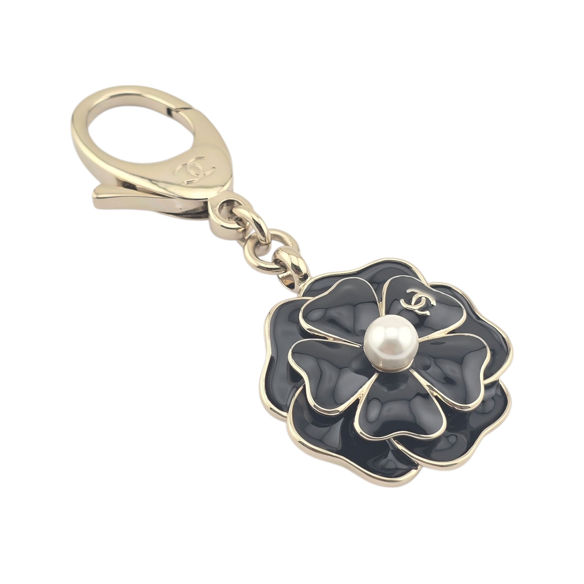 Chanel CC Black Enamel Camellia Keychain Bag Charm 2025 CHANEL