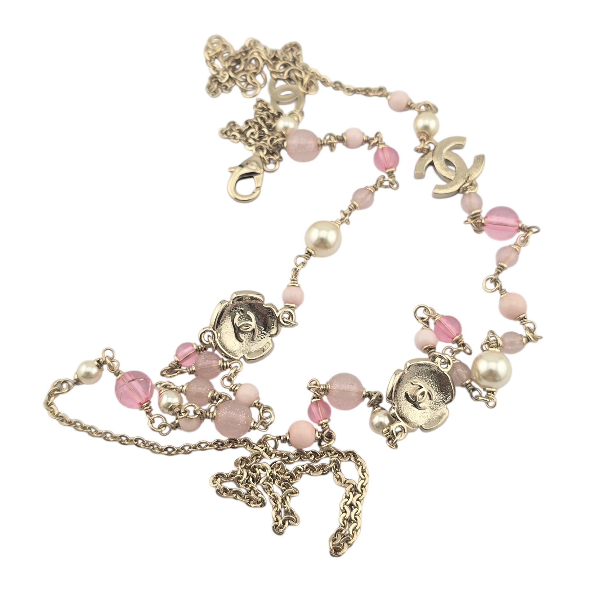 Chanel CC Pink Camellia Flower Resin Denim Long Necklace 2026 CHANEL