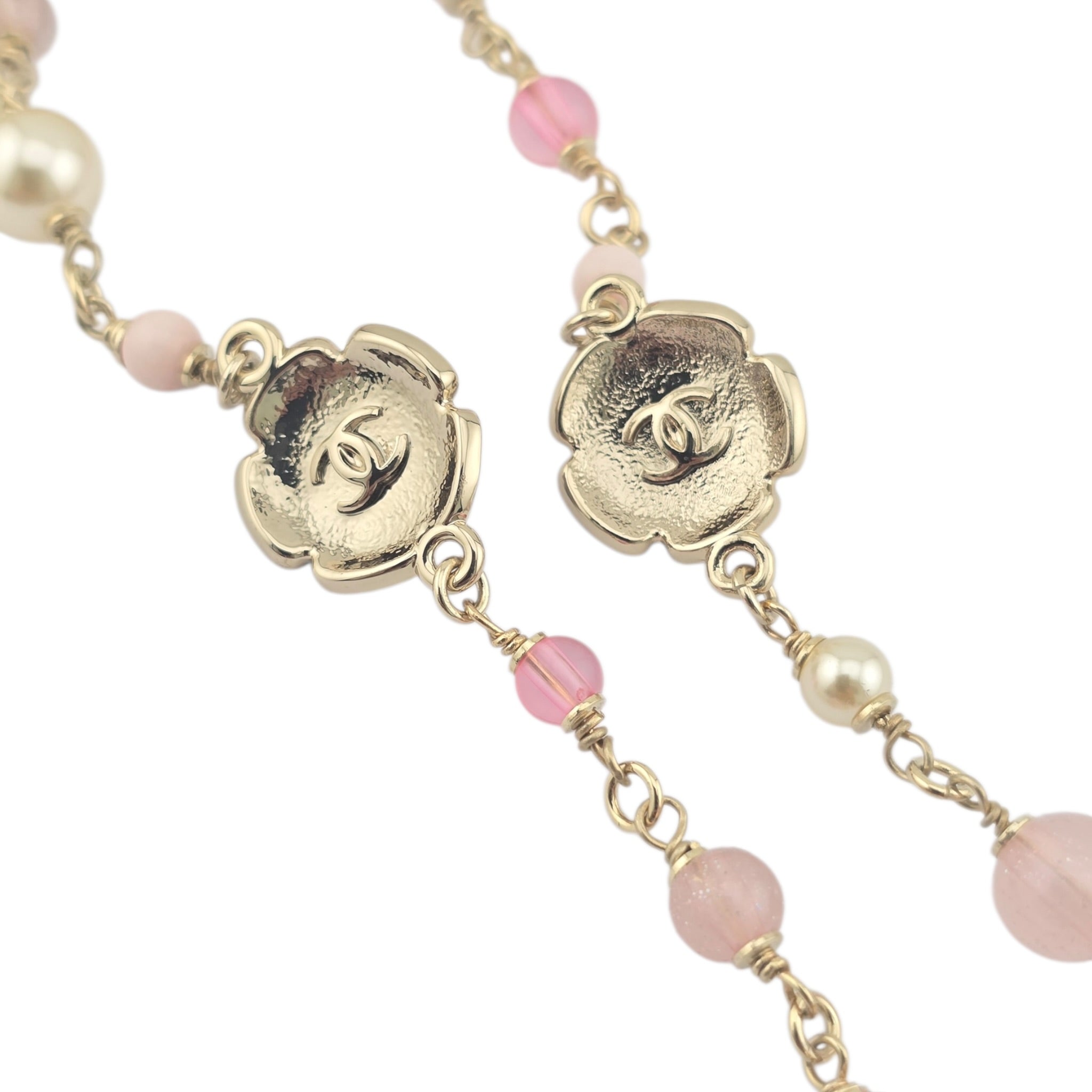 Chanel CC Pink Camellia Flower Resin Denim Long Necklace 2026 CHANEL