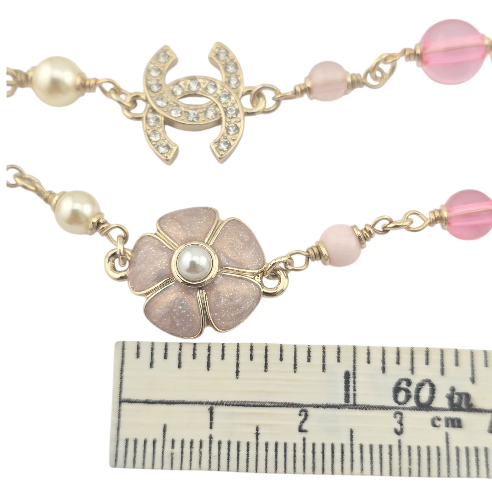 Chanel CC Pink Camellia Flower Resin Denim Long Necklace 2026 CHANEL