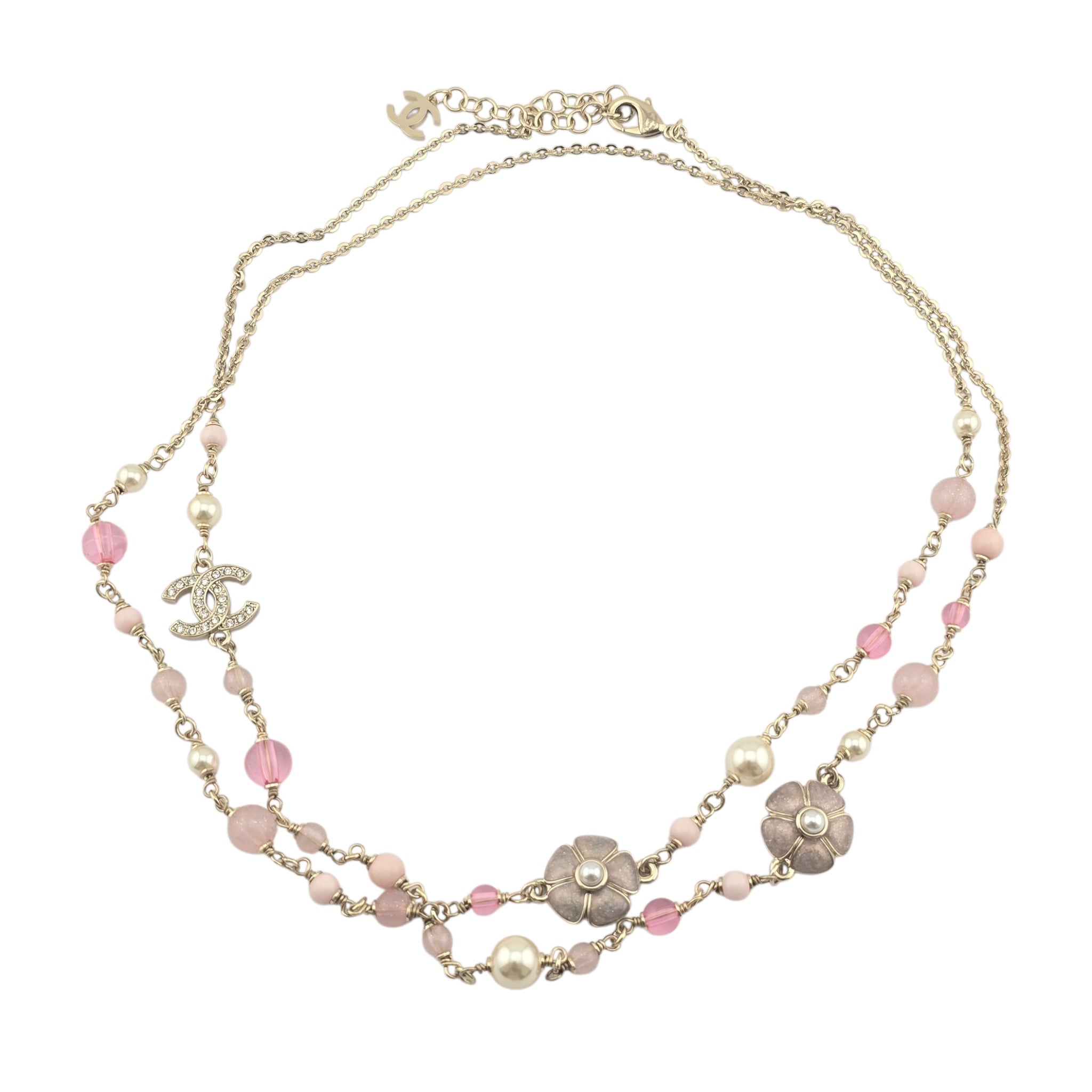 Chanel CC Pink Camellia Flower Resin Denim Long Necklace 2026 CHANEL