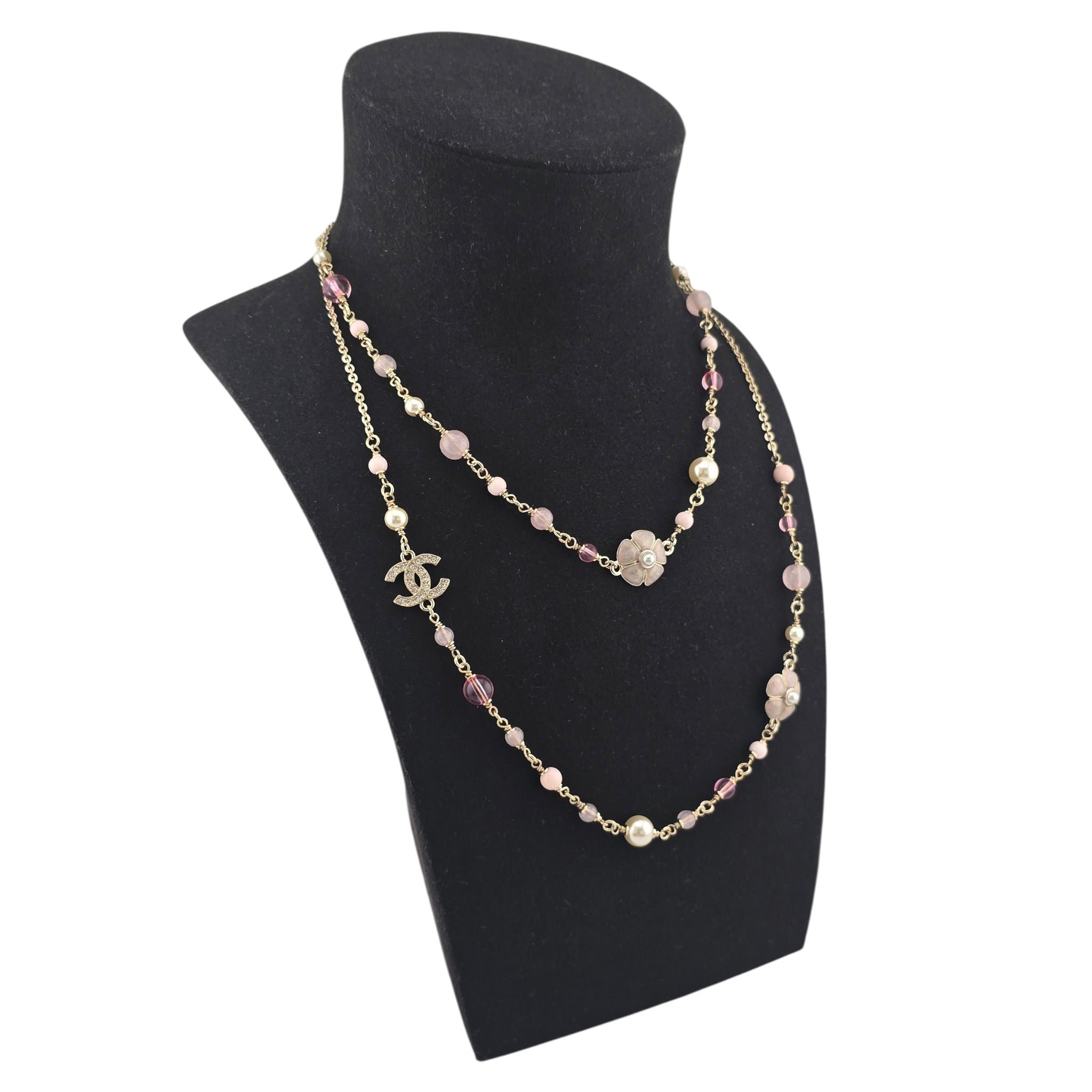 Chanel CC Pink Camellia Flower Resin Denim Long Necklace 2026 CHANEL