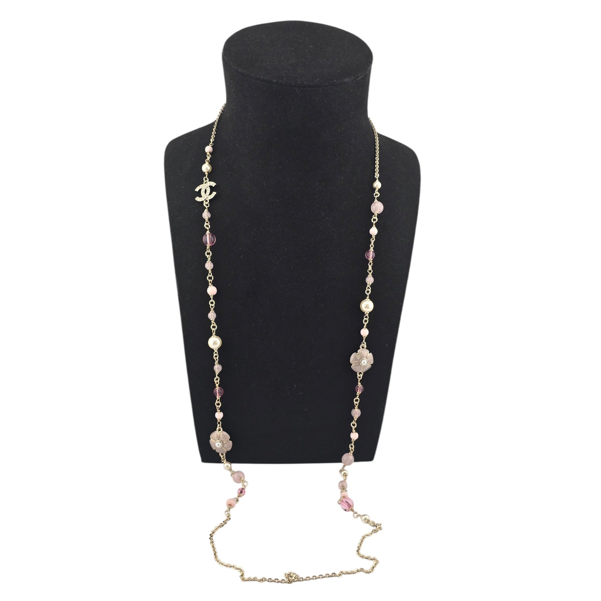 Chanel CC Pink Camellia Flower Resin Denim Long Necklace 2026 CHANEL