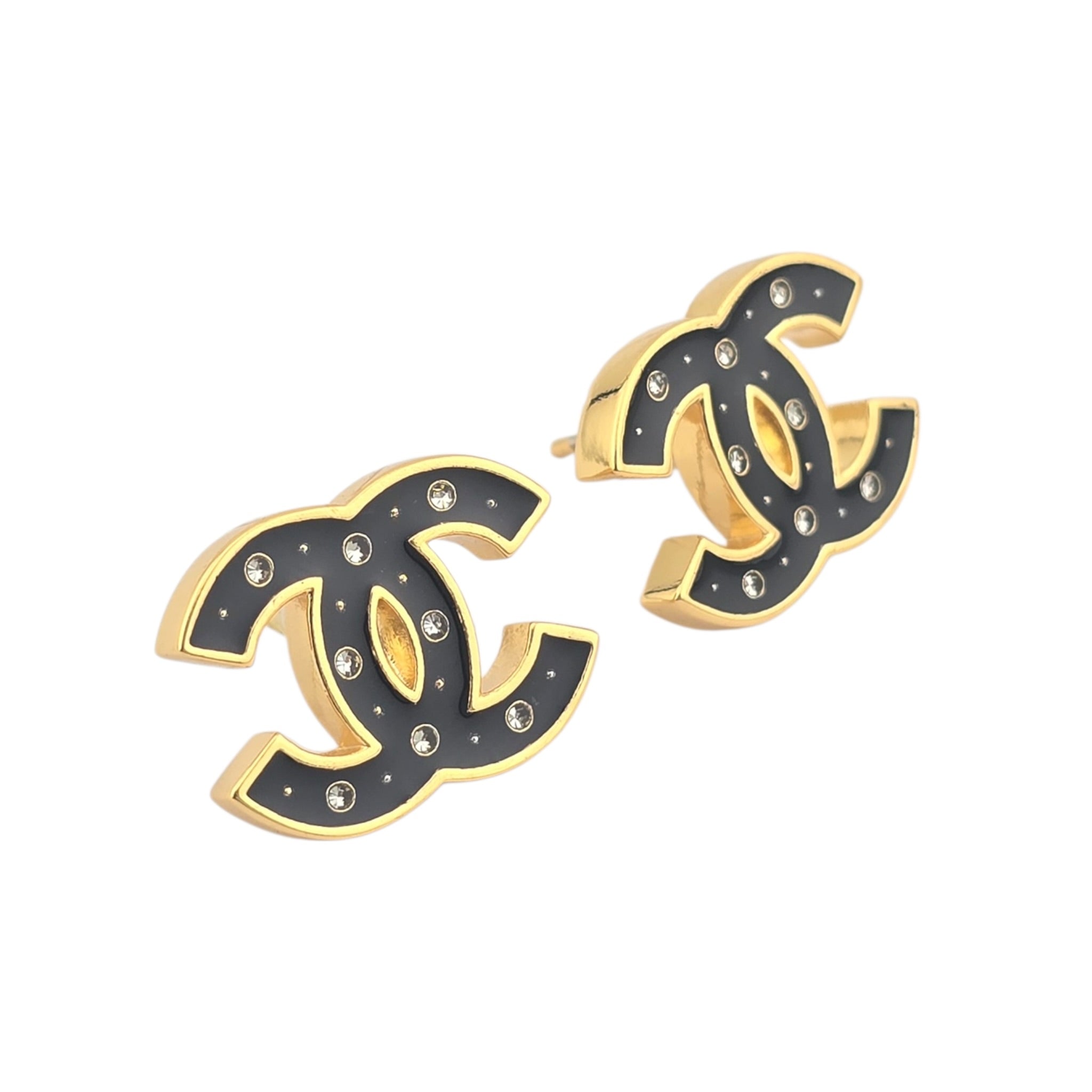 Chanel CC Metal Resin Logo Stud Earrings Black Gold 2025 CHANEL