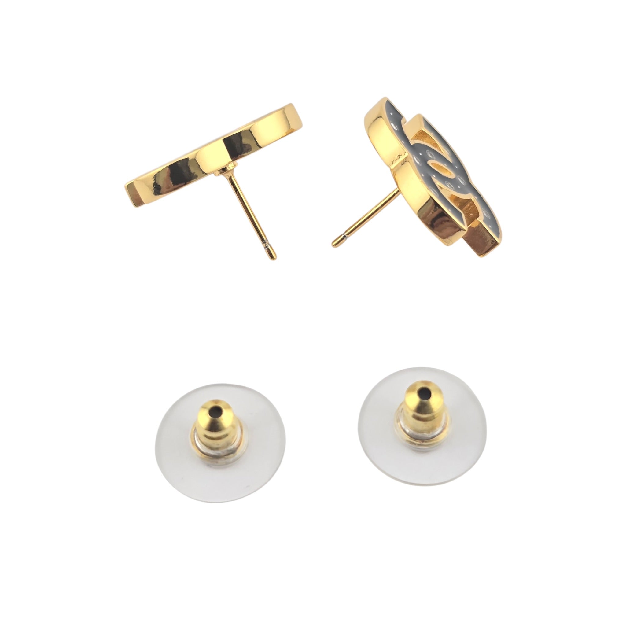 Chanel CC Metal Resin Logo Stud Earrings Black Gold 2025 CHANEL