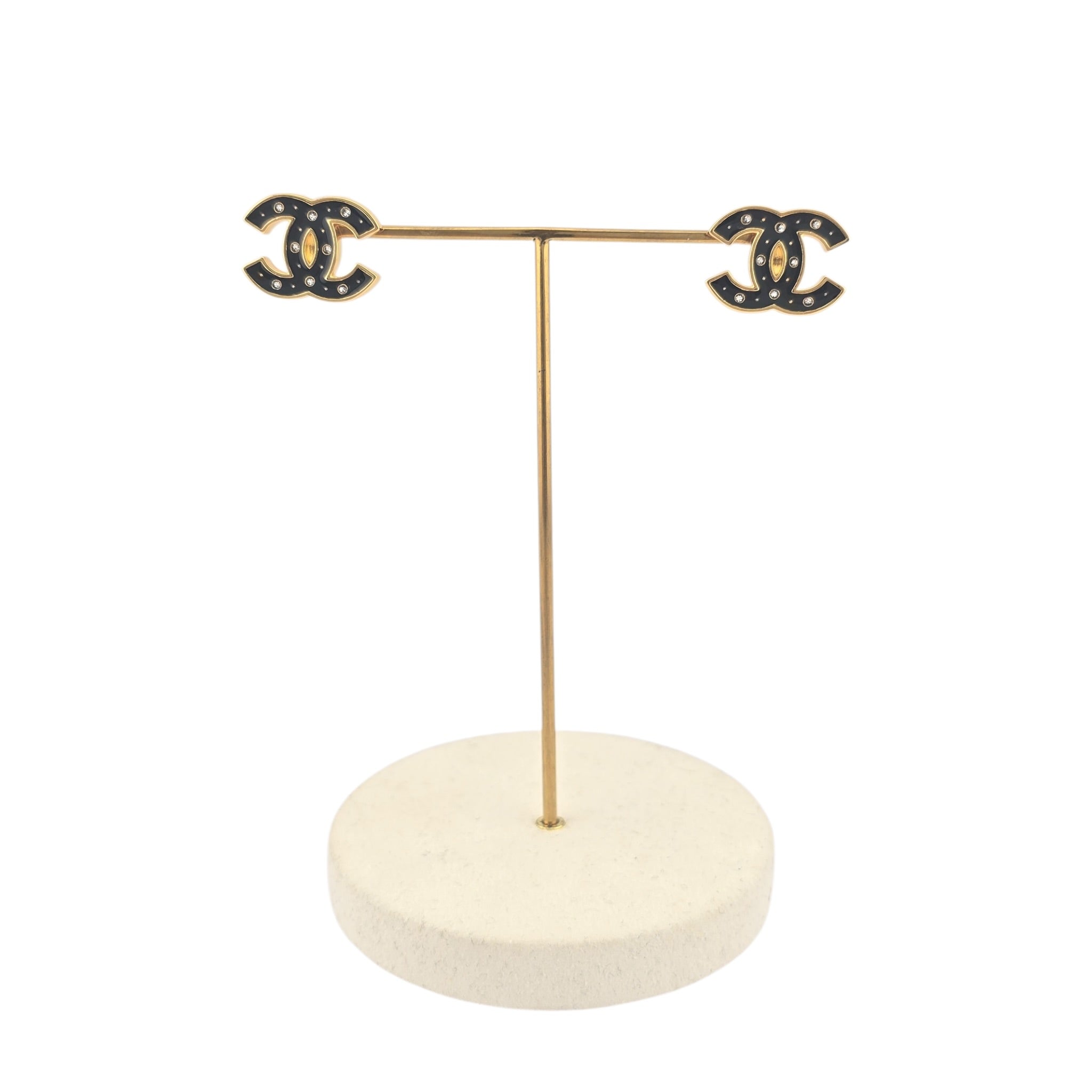 Chanel CC Metal Resin Logo Stud Earrings Black Gold 2025 CHANEL