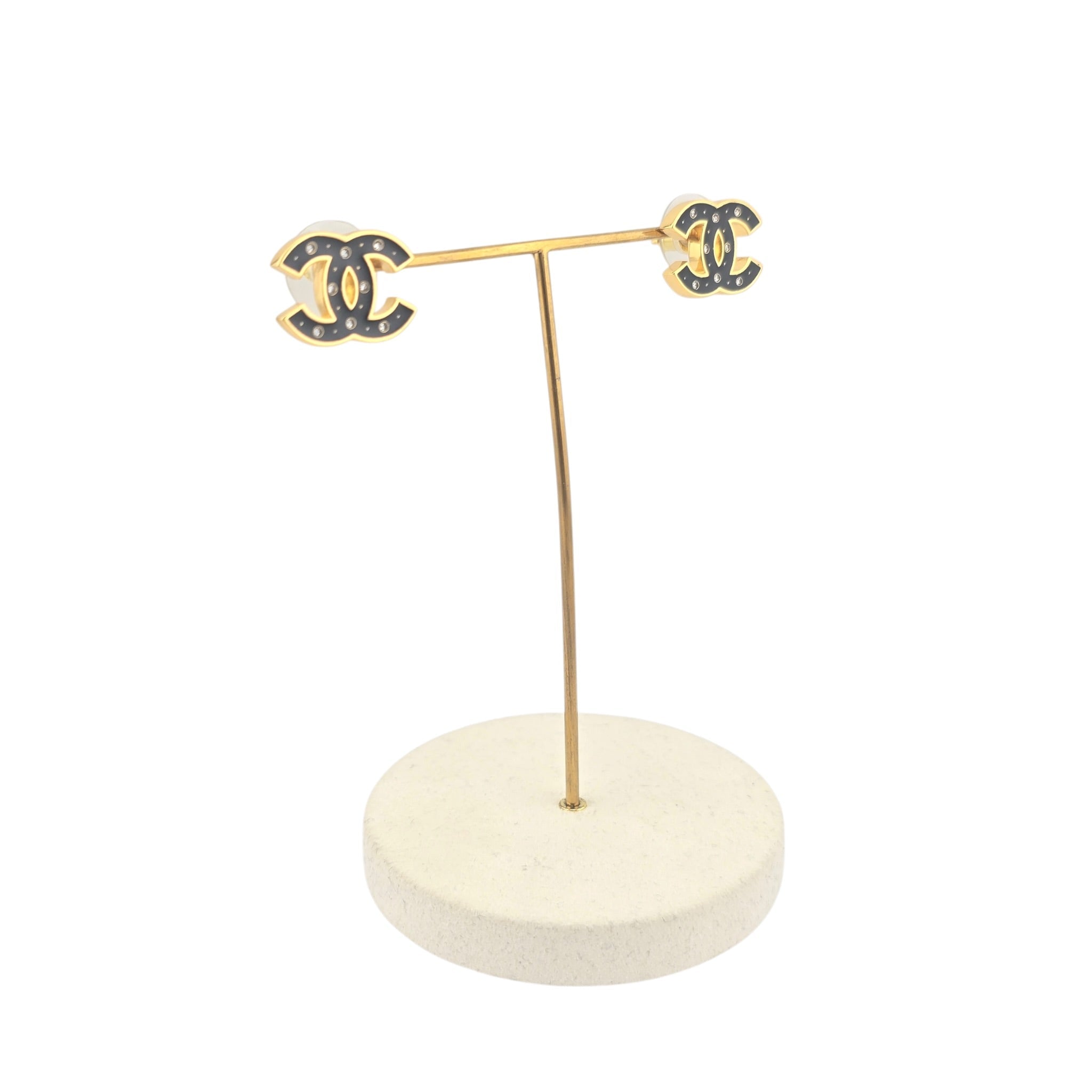 Chanel CC Metal Resin Logo Stud Earrings Black Gold 2025 CHANEL