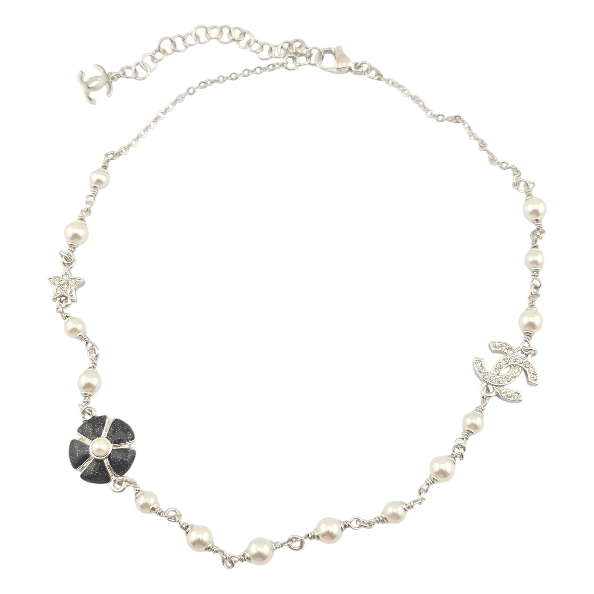 Chanel CC Black Enamel Camellia Pearl Pendant Necklace 2025 CHANEL