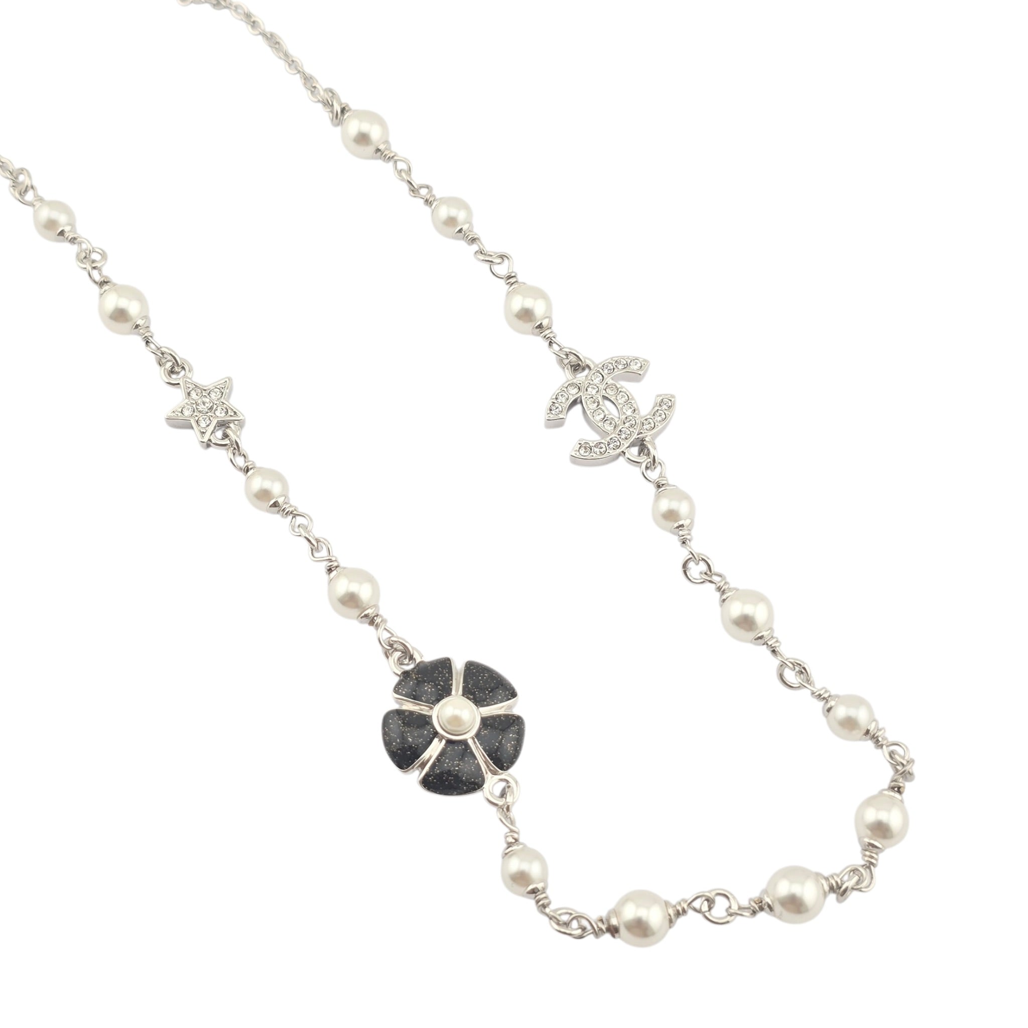 Chanel CC Black Enamel Camellia Pearl Pendant Necklace 2025 CHANEL