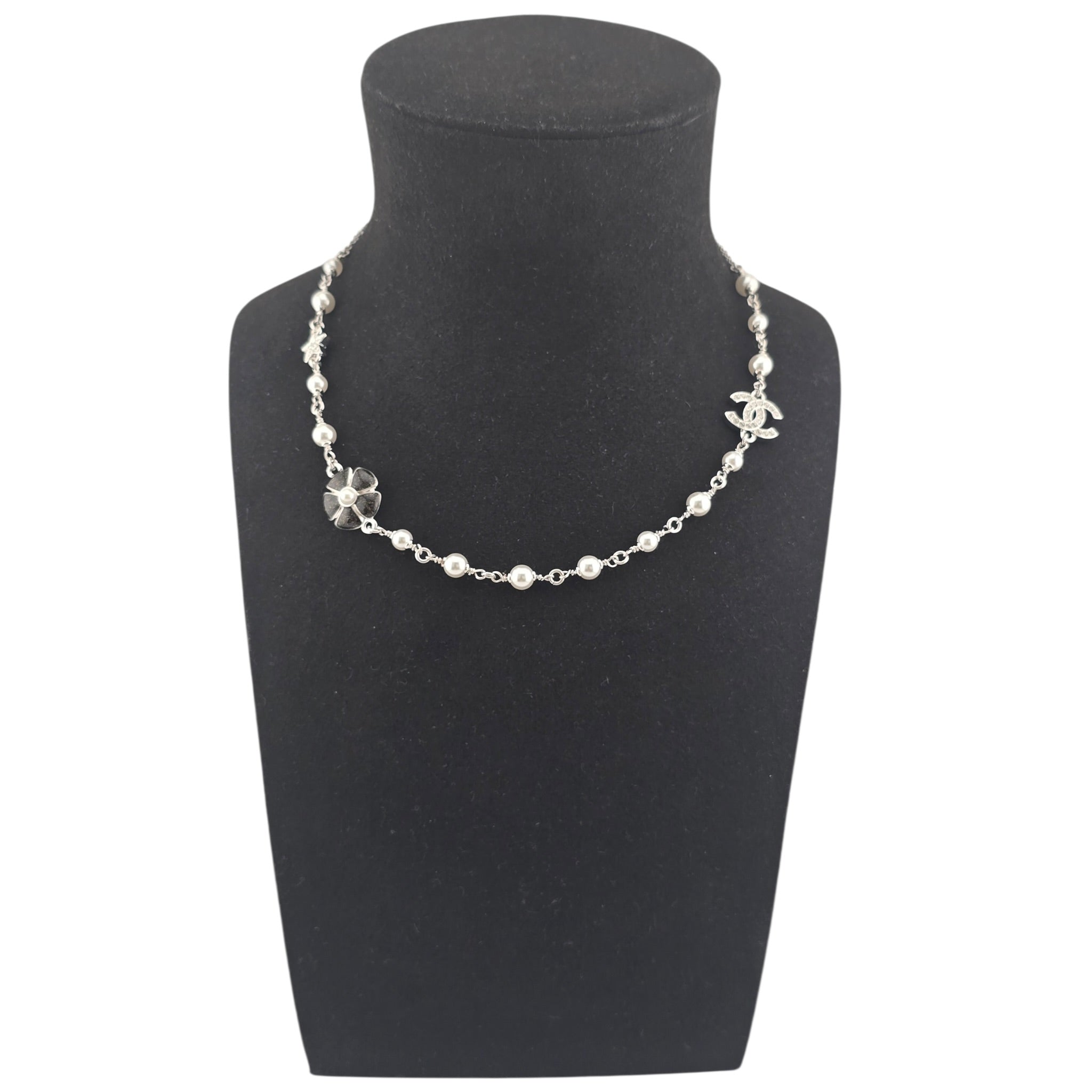 Chanel CC Black Enamel Camellia Pearl Pendant Necklace 2025 CHANEL