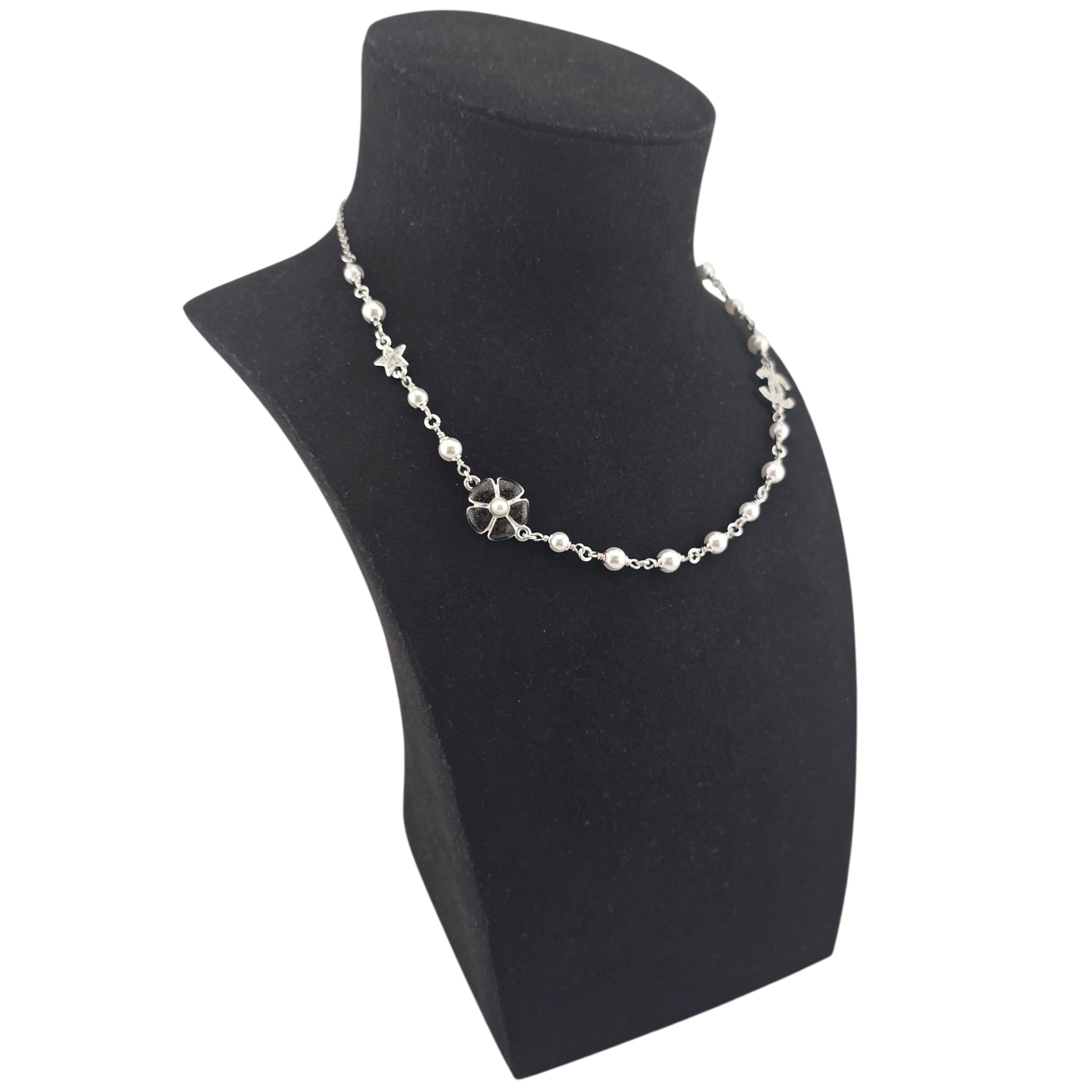 Chanel CC Black Enamel Camellia Pearl Pendant Necklace 2025 CHANEL